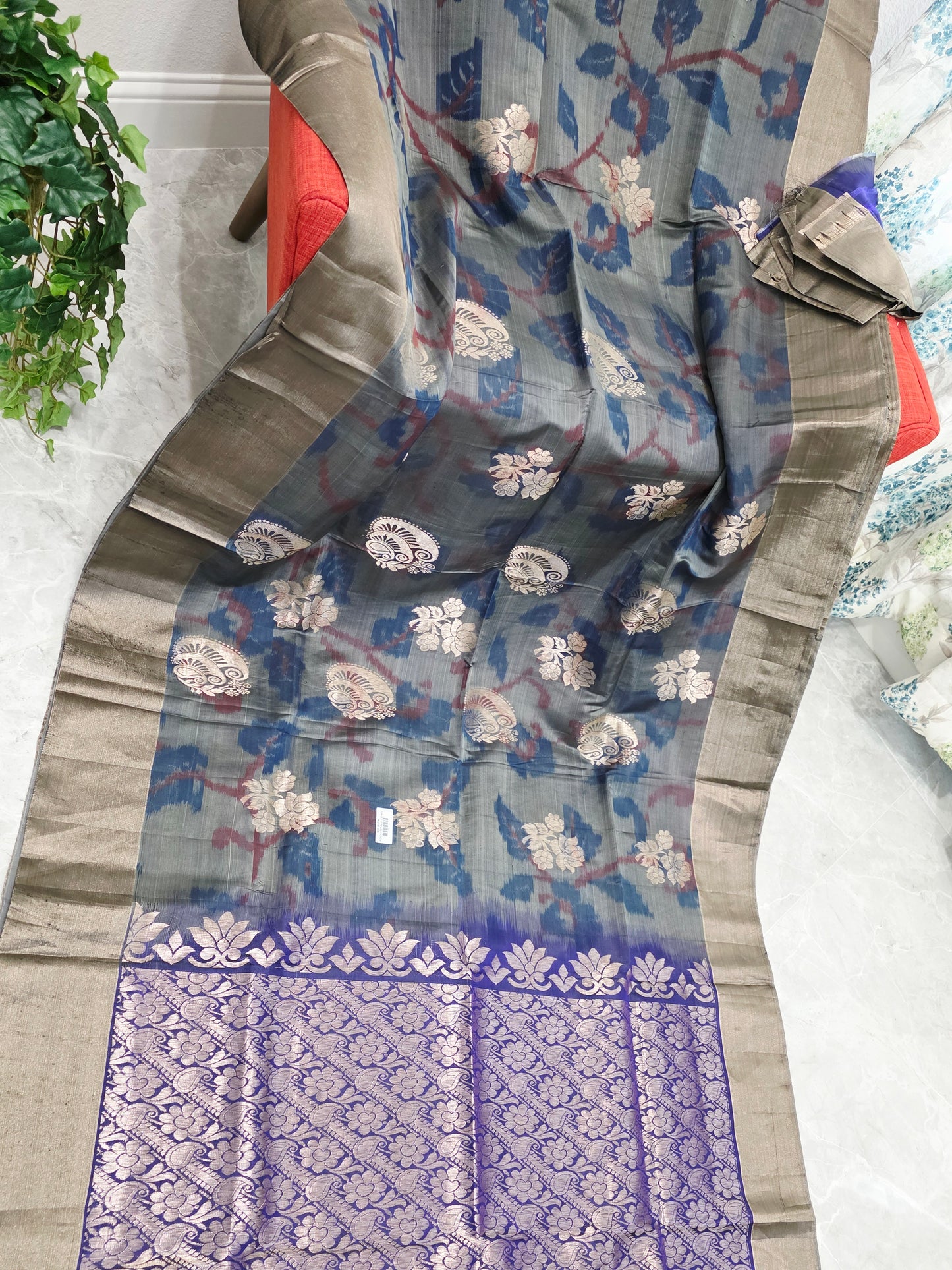 Charcoal Blue Semi Kanchi Soft Silk Pochampally Print Saree