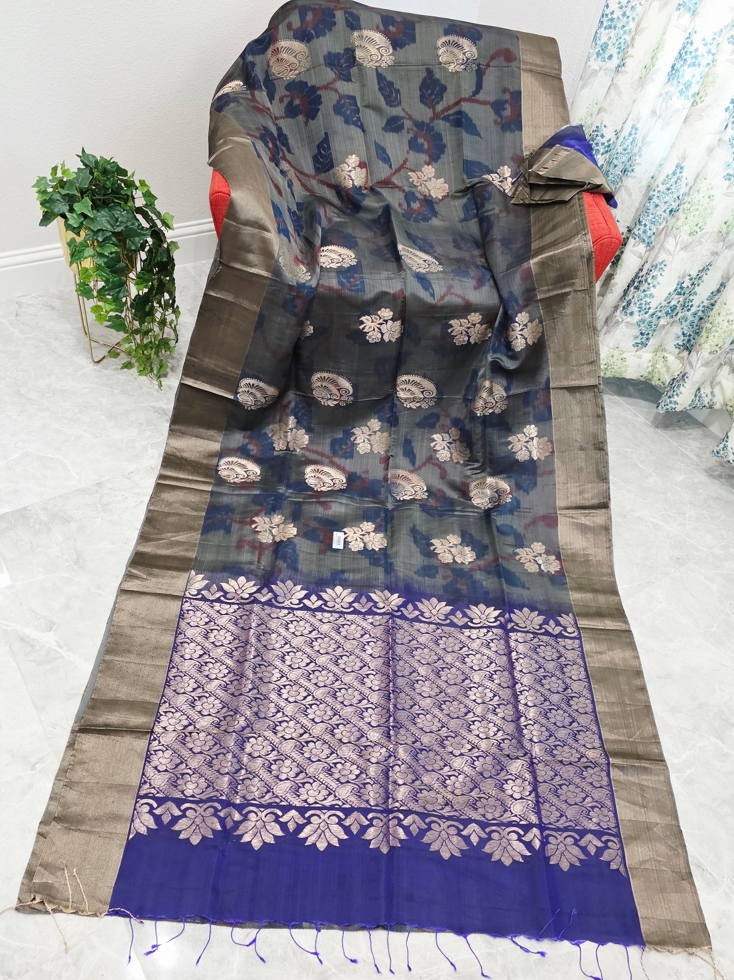 Charcoal Blue Semi Kanchi Soft Silk Pochampally Print Saree