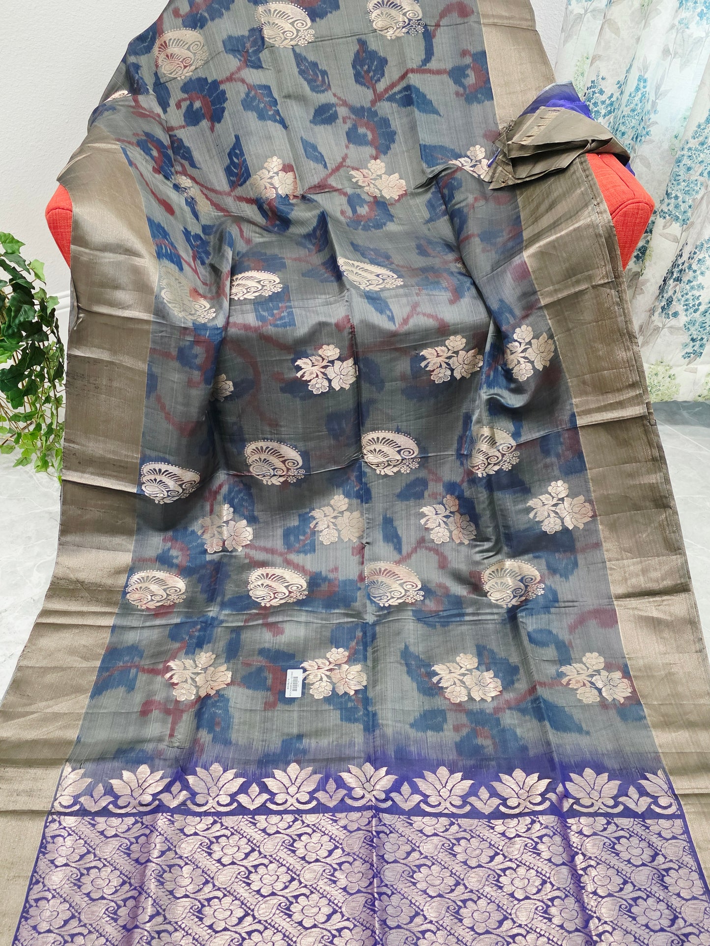 Charcoal Blue Semi Kanchi Soft Silk Pochampally Print Saree