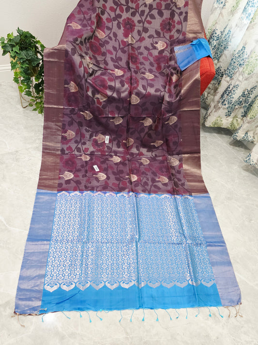 Wine Purple Semi Kanchi Soft Silk Pochampally Print Saree