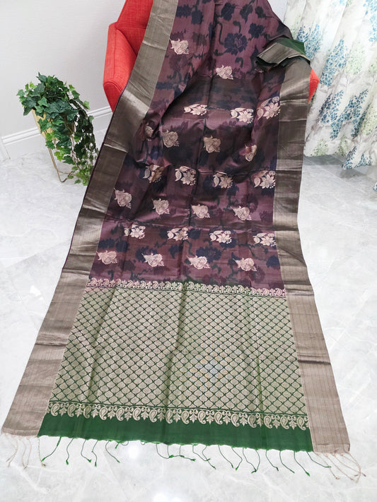 Plum Brown Semi Kanchi Soft Silk Pochampally Print Saree