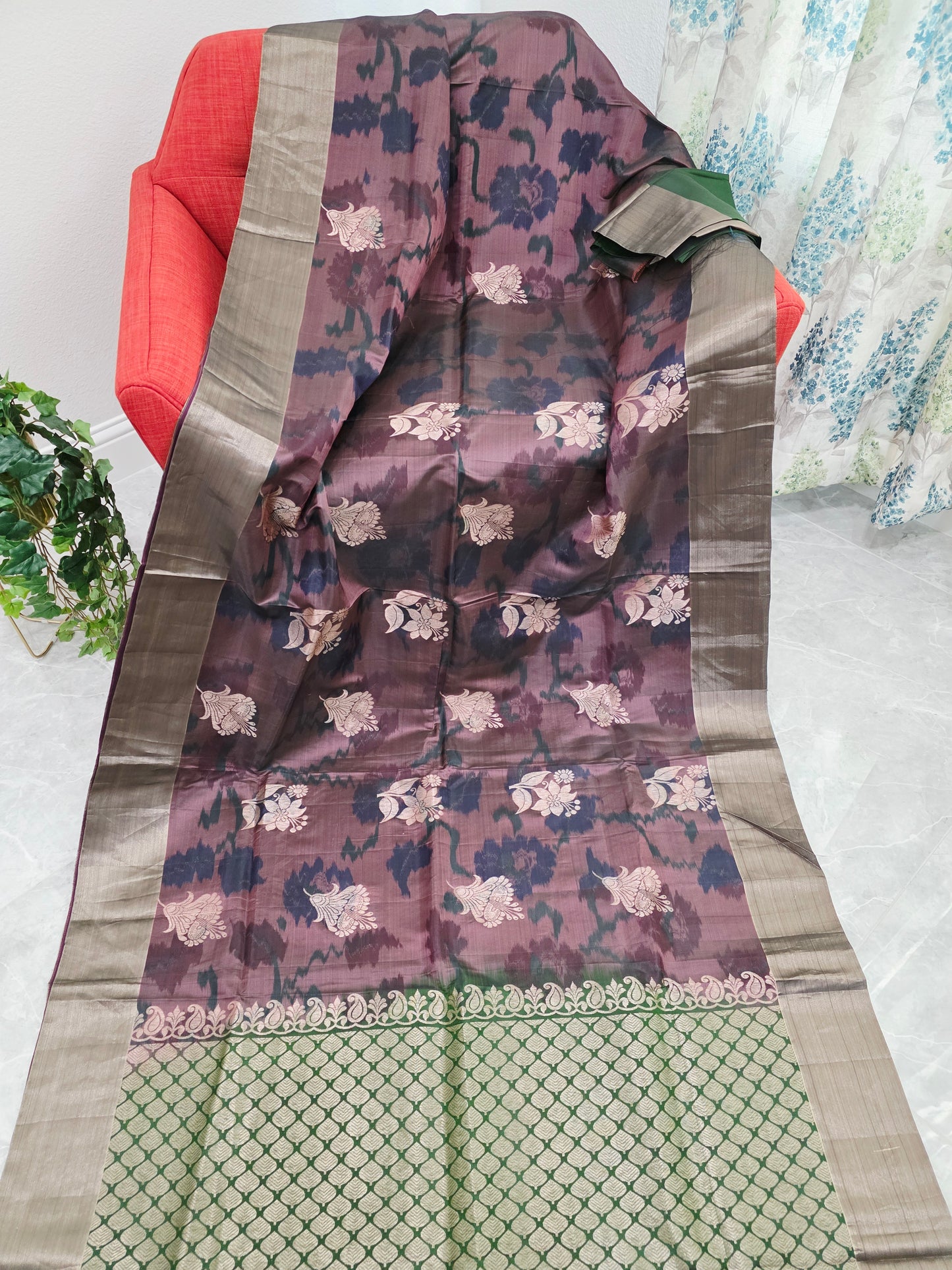 Plum Brown Semi Kanchi Soft Silk Pochampally Print Saree