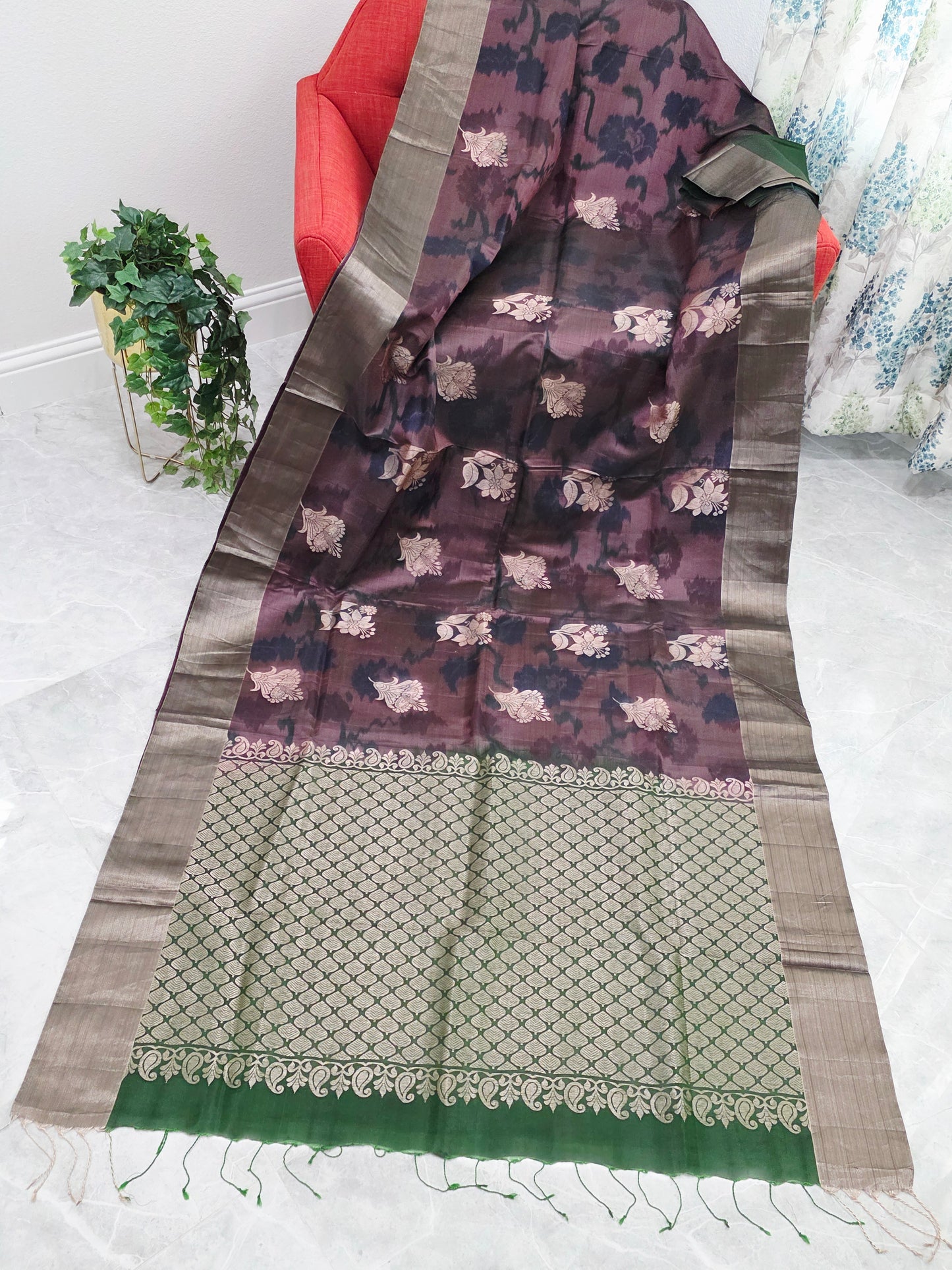 Plum Brown Semi Kanchi Soft Silk Pochampally Print Saree