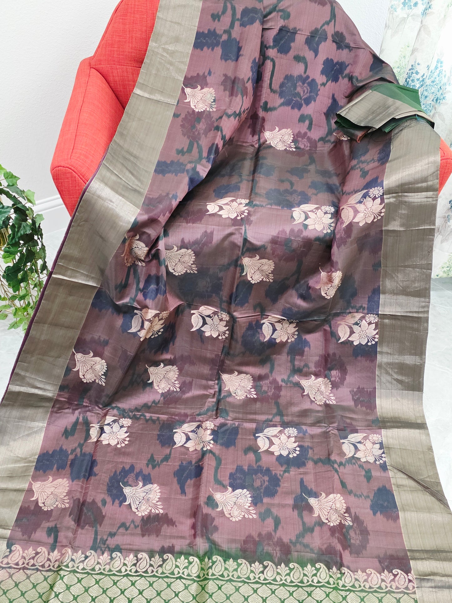Plum Brown Semi Kanchi Soft Silk Pochampally Print Saree