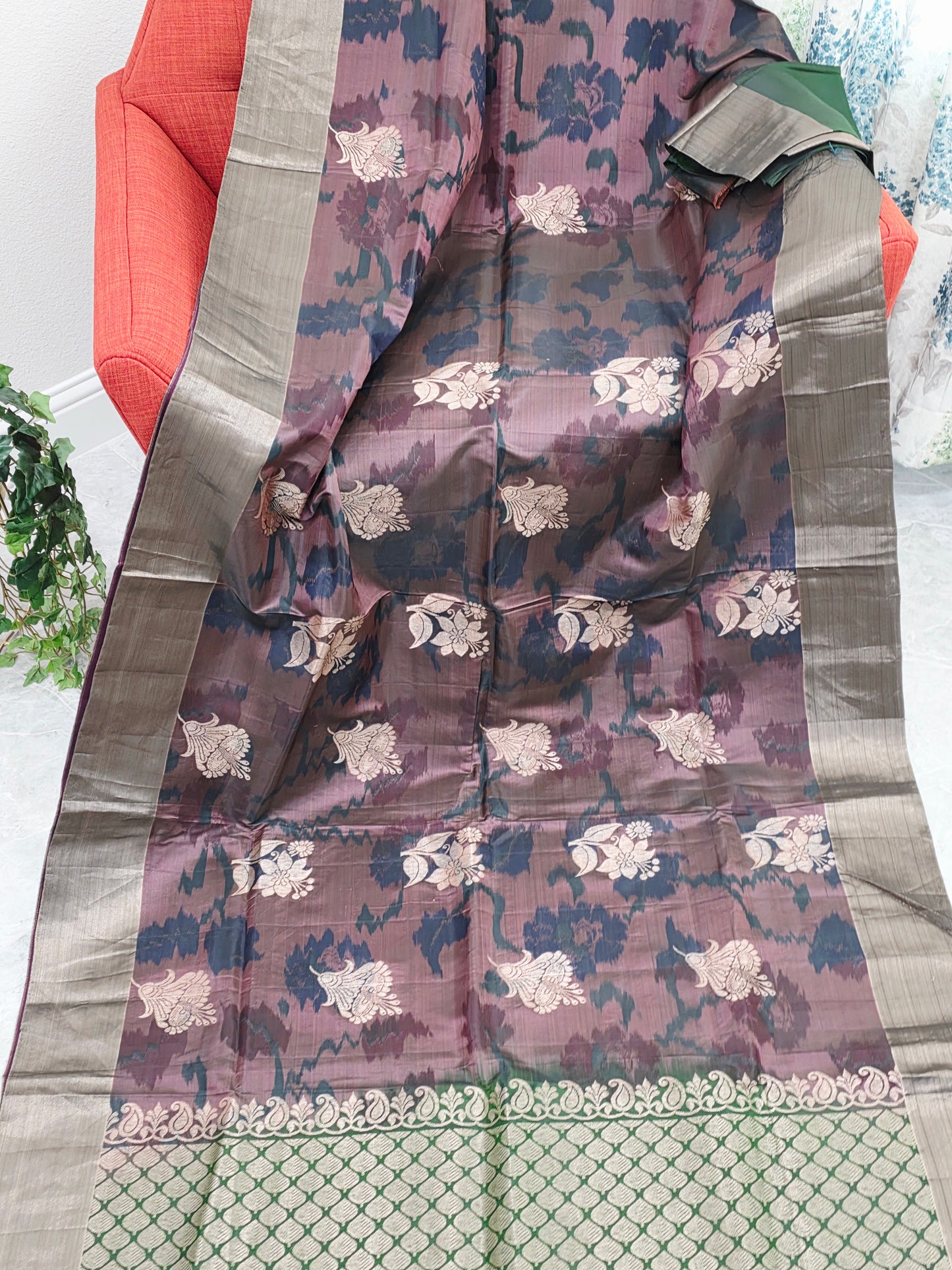 Plum Brown Semi Kanchi Soft Silk Pochampally Print Saree
