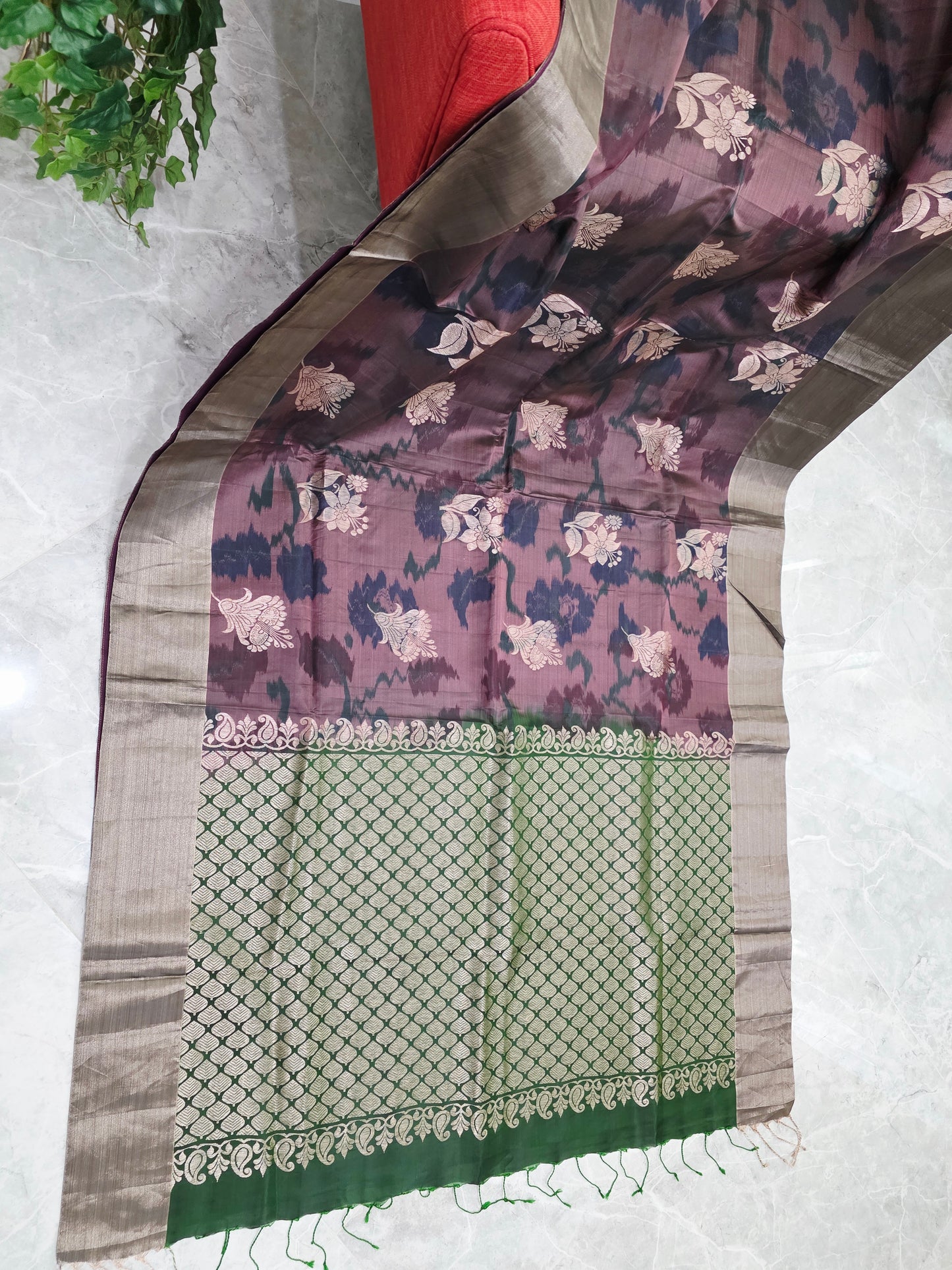 Plum Brown Semi Kanchi Soft Silk Pochampally Print Saree