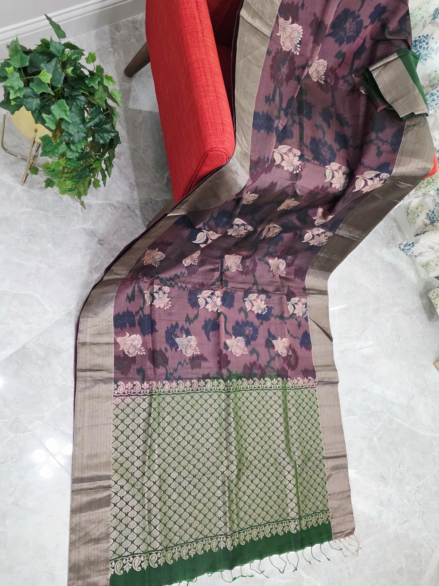 Plum Brown Semi Kanchi Soft Silk Pochampally Print Saree