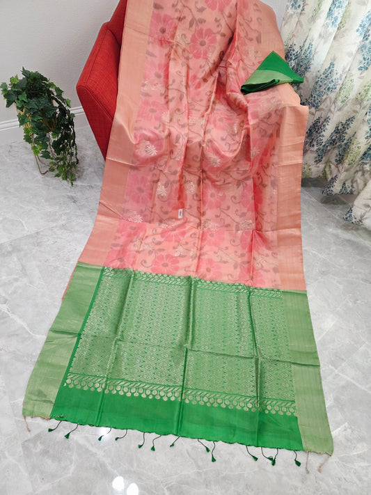 Peach Pink Semi Kanchi Soft Silk Pochampally Print Saree