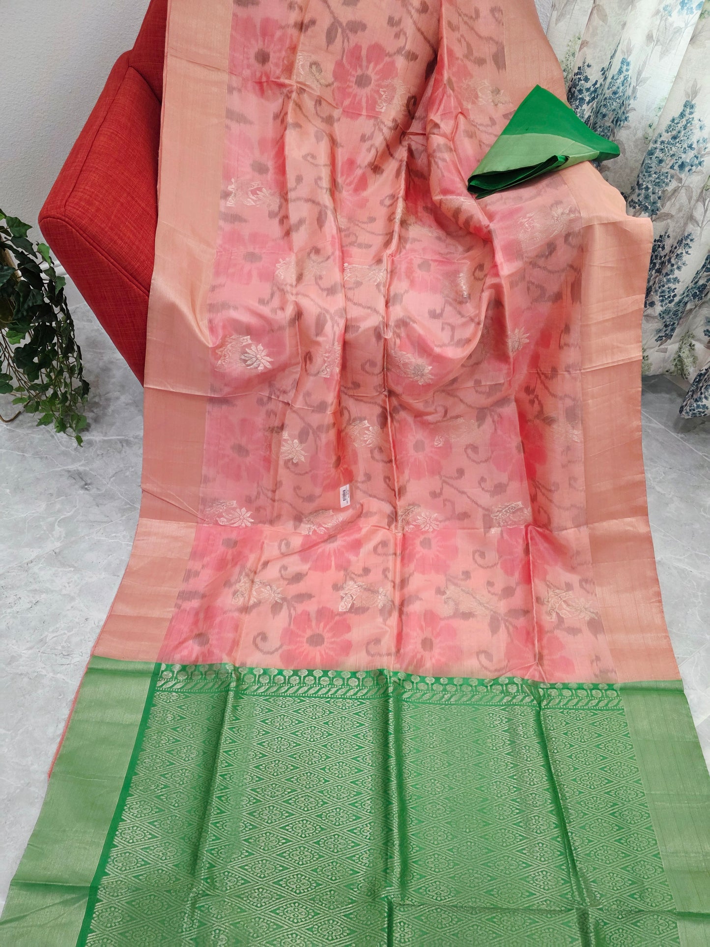 Peach Pink Semi Kanchi Soft Silk Pochampally Print Saree