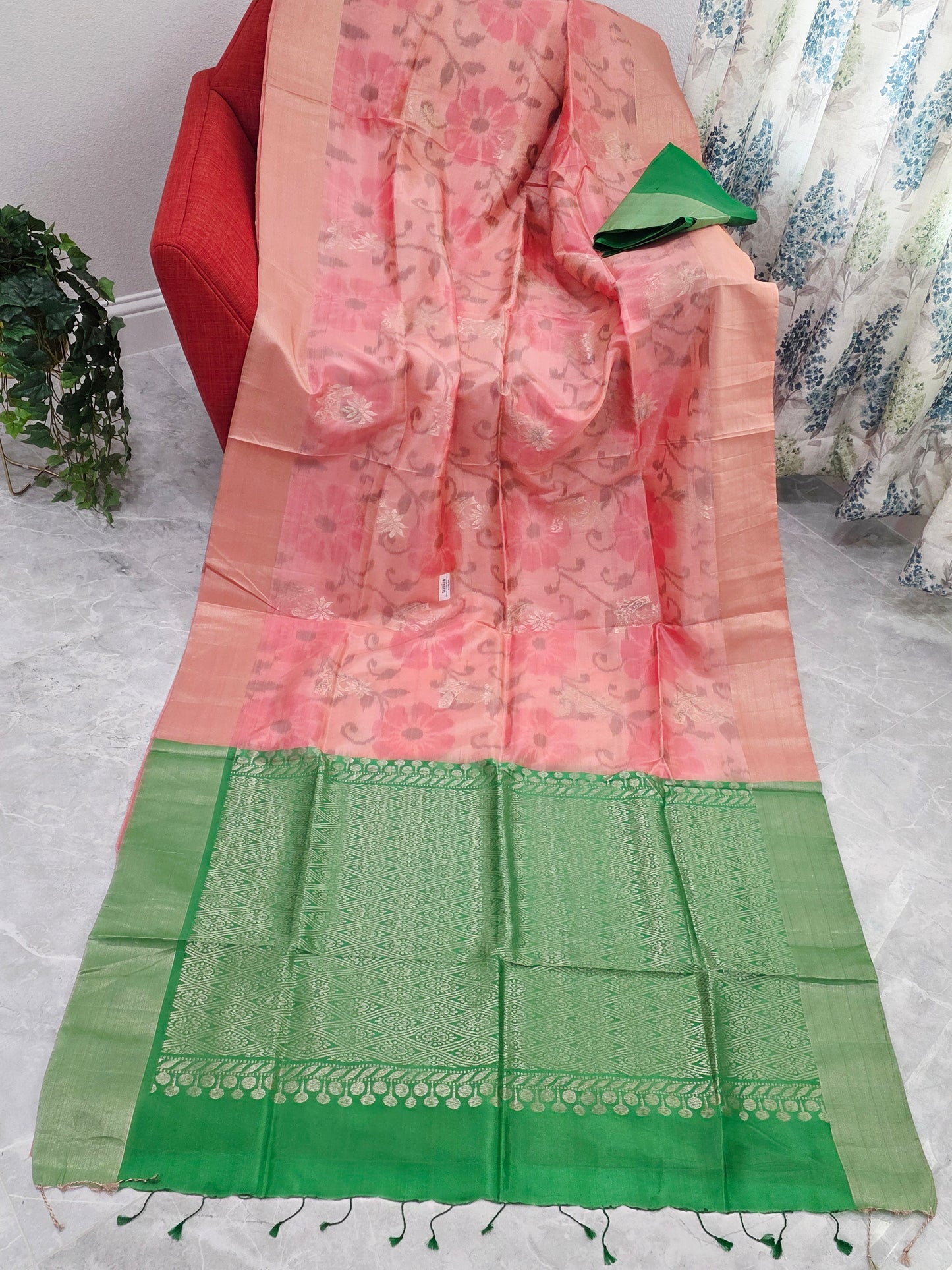 Peach Pink Semi Kanchi Soft Silk Pochampally Print Saree