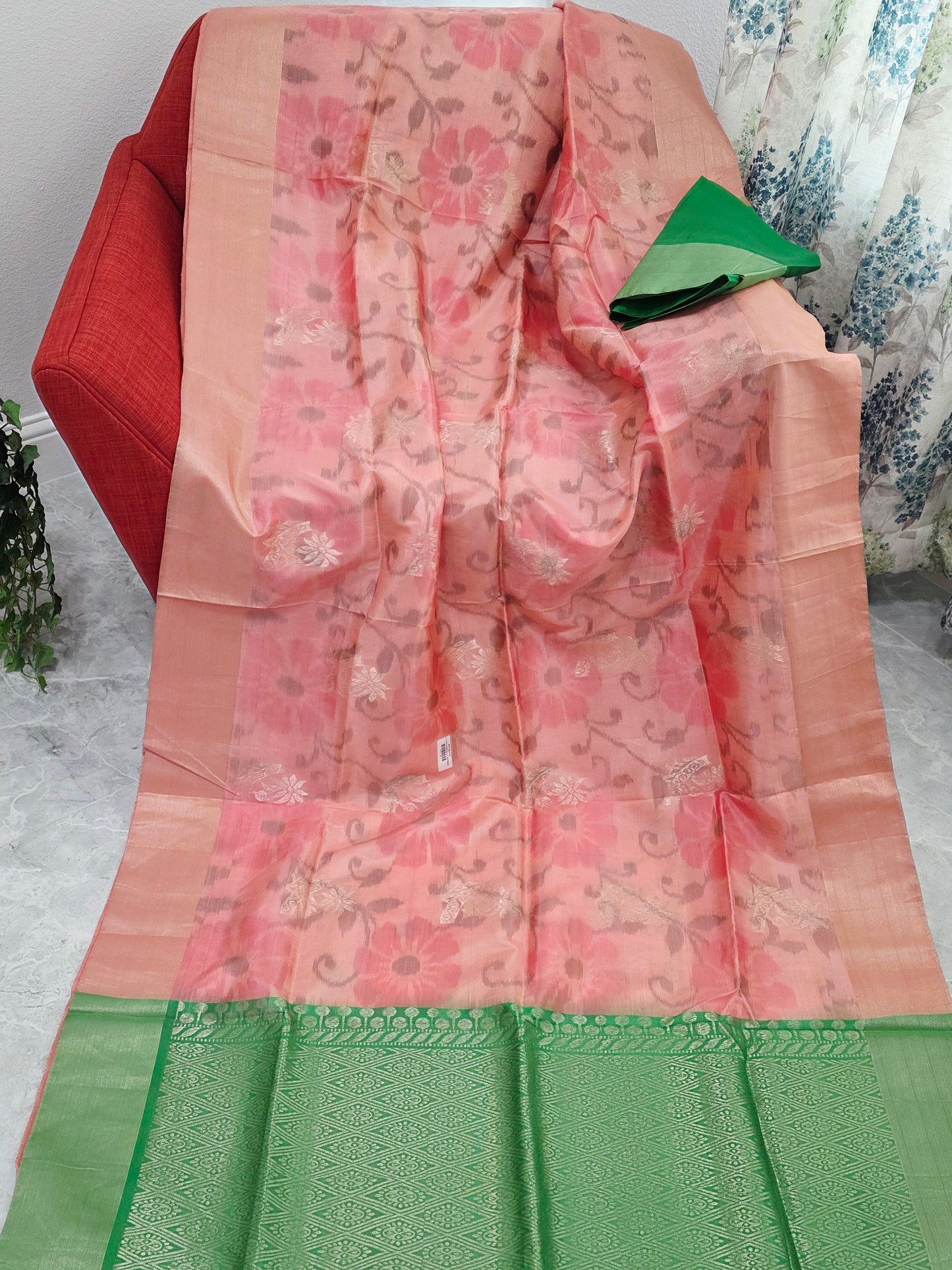 Peach Pink Semi Kanchi Soft Silk Pochampally Print Saree