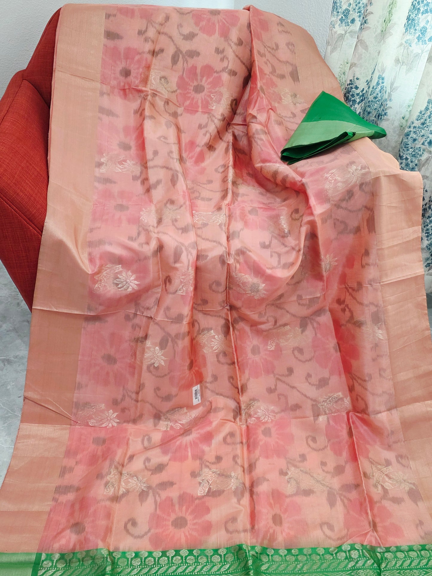 Peach Pink Semi Kanchi Soft Silk Pochampally Print Saree