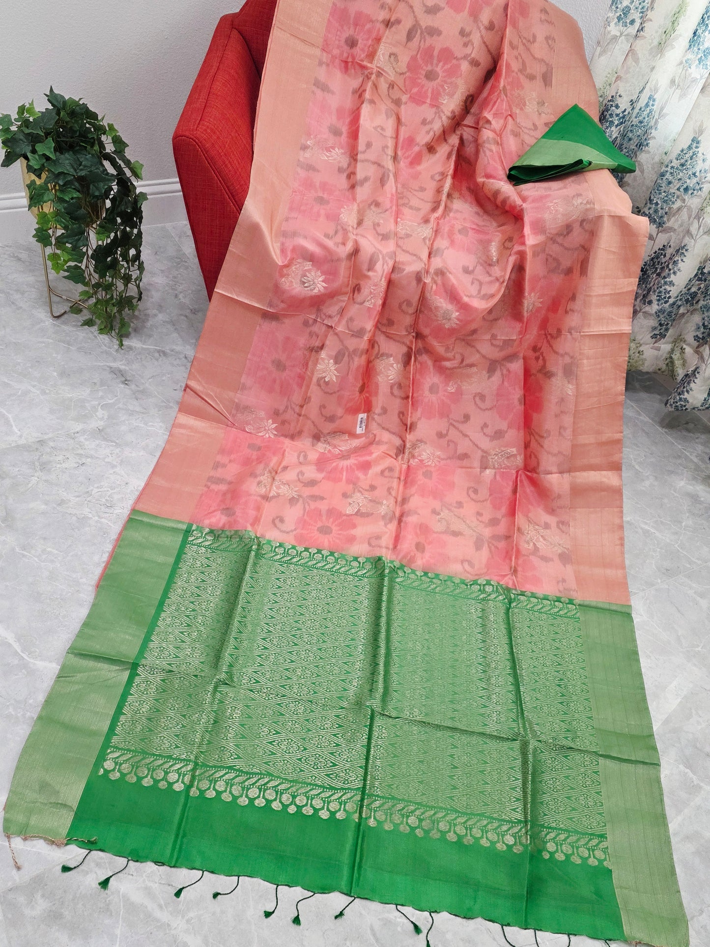 Peach Pink Semi Kanchi Soft Silk Pochampally Print Saree