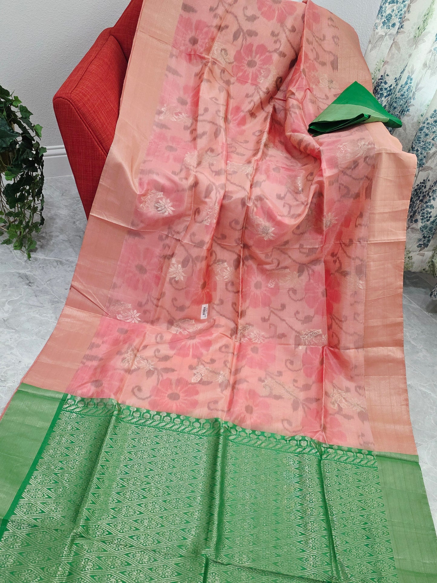 Peach Pink Semi Kanchi Soft Silk Pochampally Print Saree