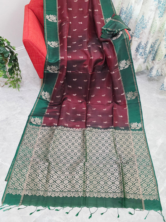 Maroon & Green Semi Kanchi Soft Silk Saree