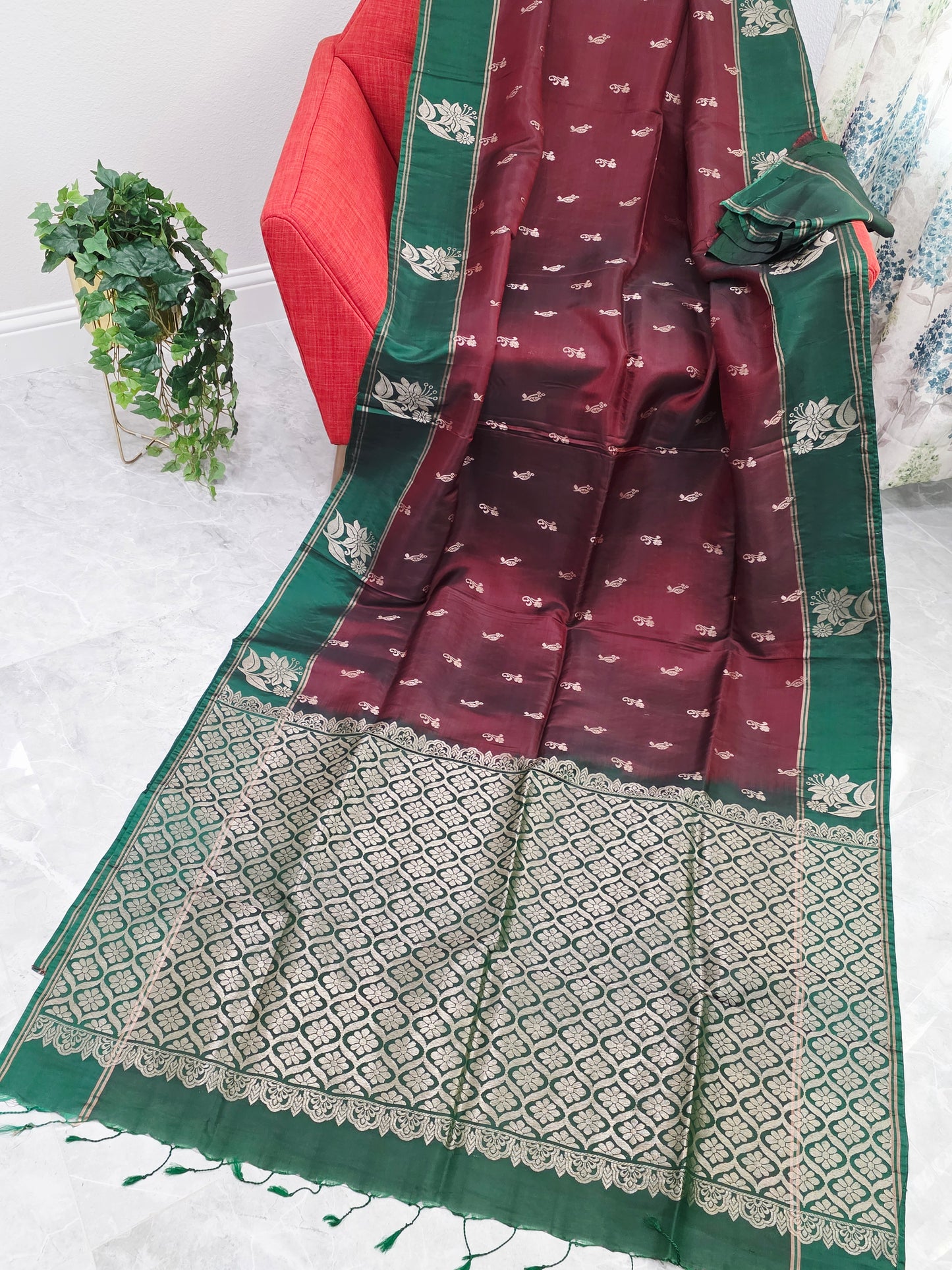 Maroon & Green Semi Kanchi Soft Silk Saree