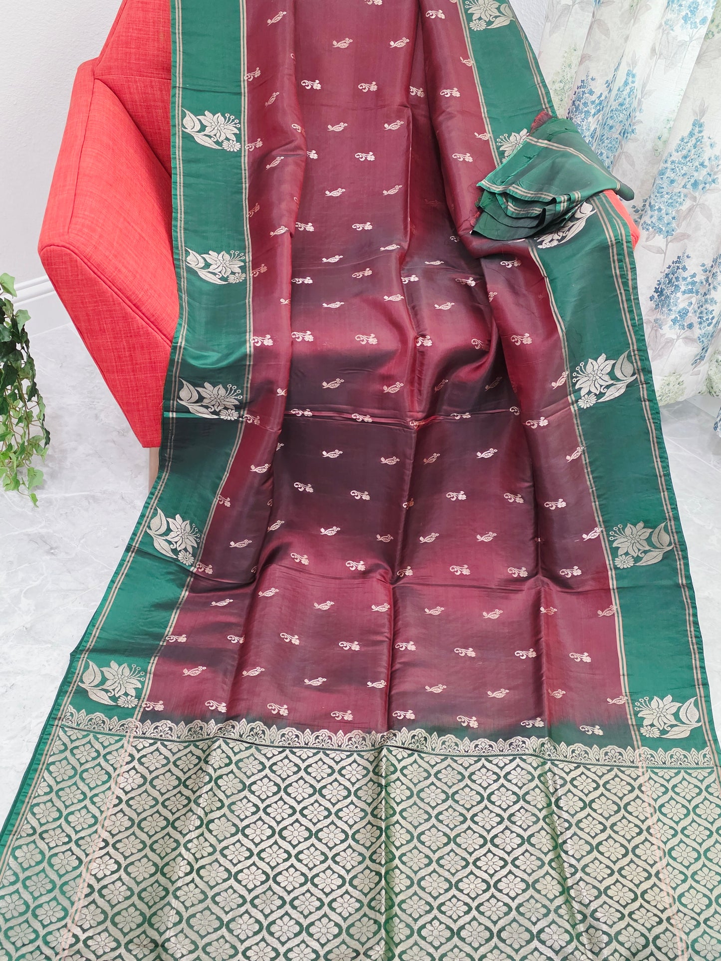 Maroon & Green Semi Kanchi Soft Silk Saree