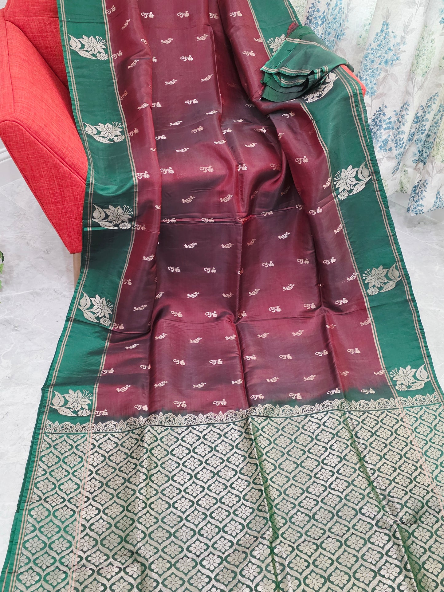 Maroon & Green Semi Kanchi Soft Silk Saree