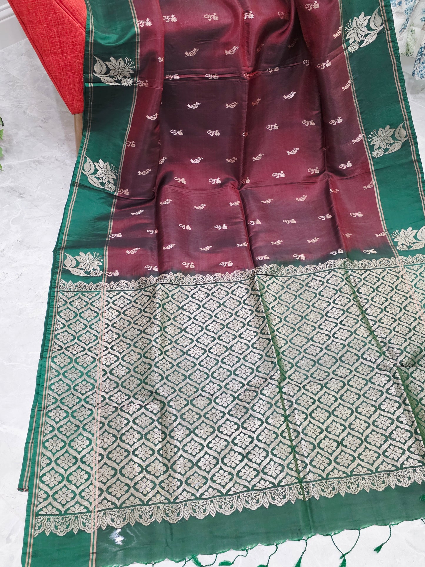 Maroon & Green Semi Kanchi Soft Silk Saree