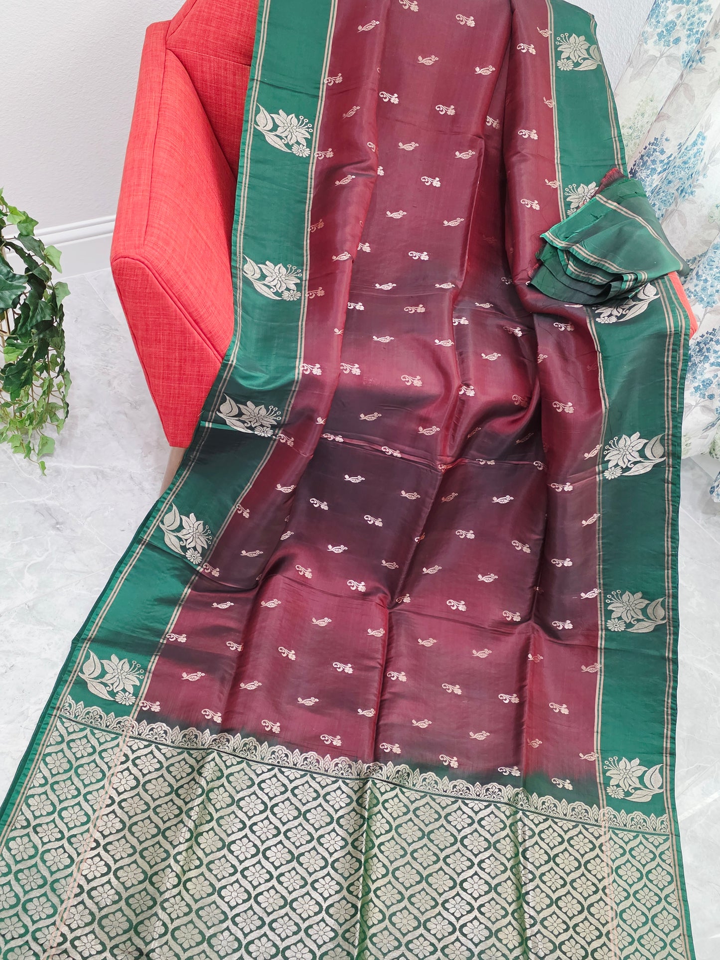Maroon & Green Semi Kanchi Soft Silk Saree
