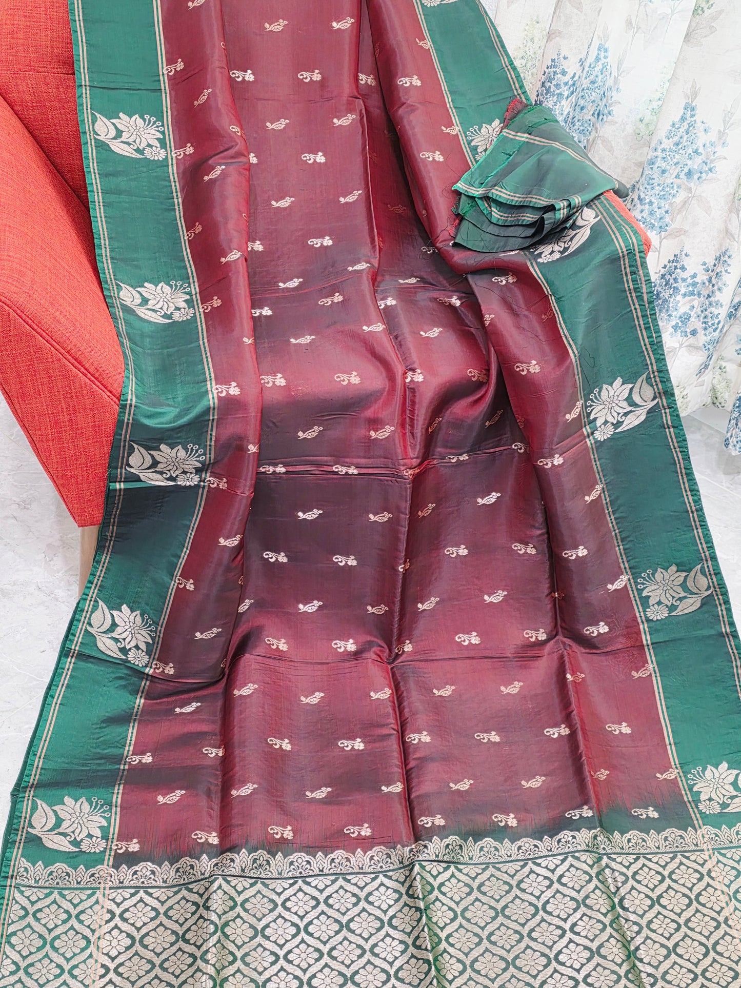 Maroon & Green Semi Kanchi Soft Silk Saree