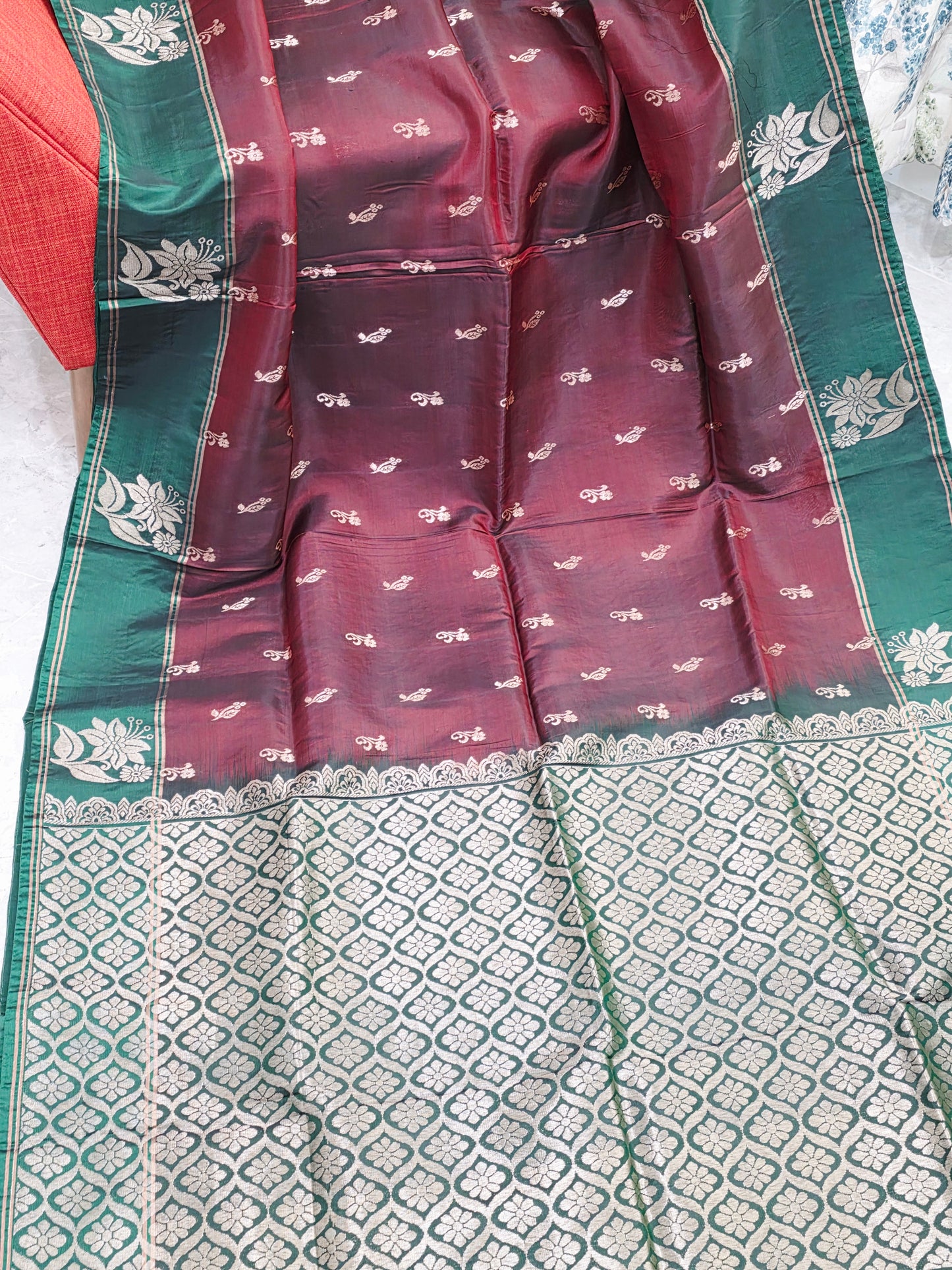 Maroon & Green Semi Kanchi Soft Silk Saree