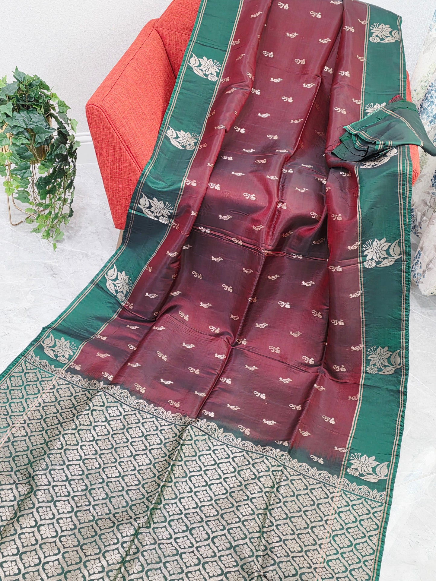 Maroon & Green Semi Kanchi Soft Silk Saree
