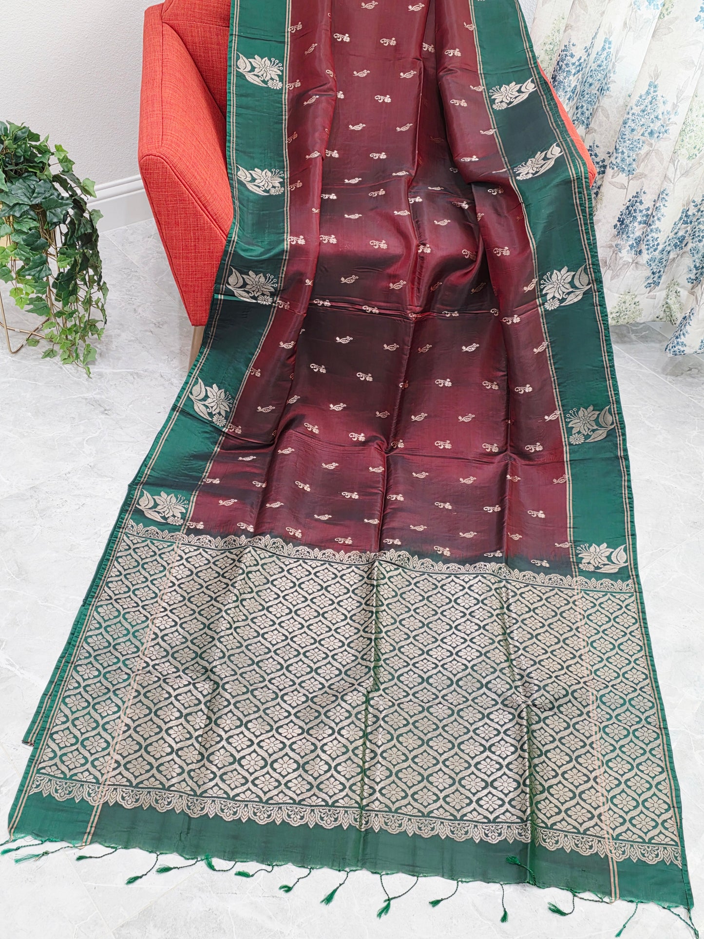 Maroon & Green Semi Kanchi Soft Silk Saree