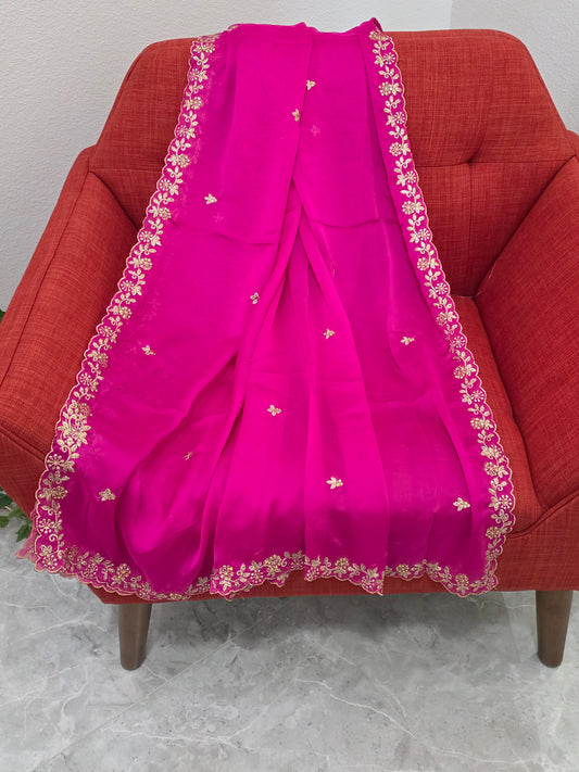 Hot Pink Scalloped Border Dupatta for Lehenga Dresses Wedding Festive Ethnic Wear