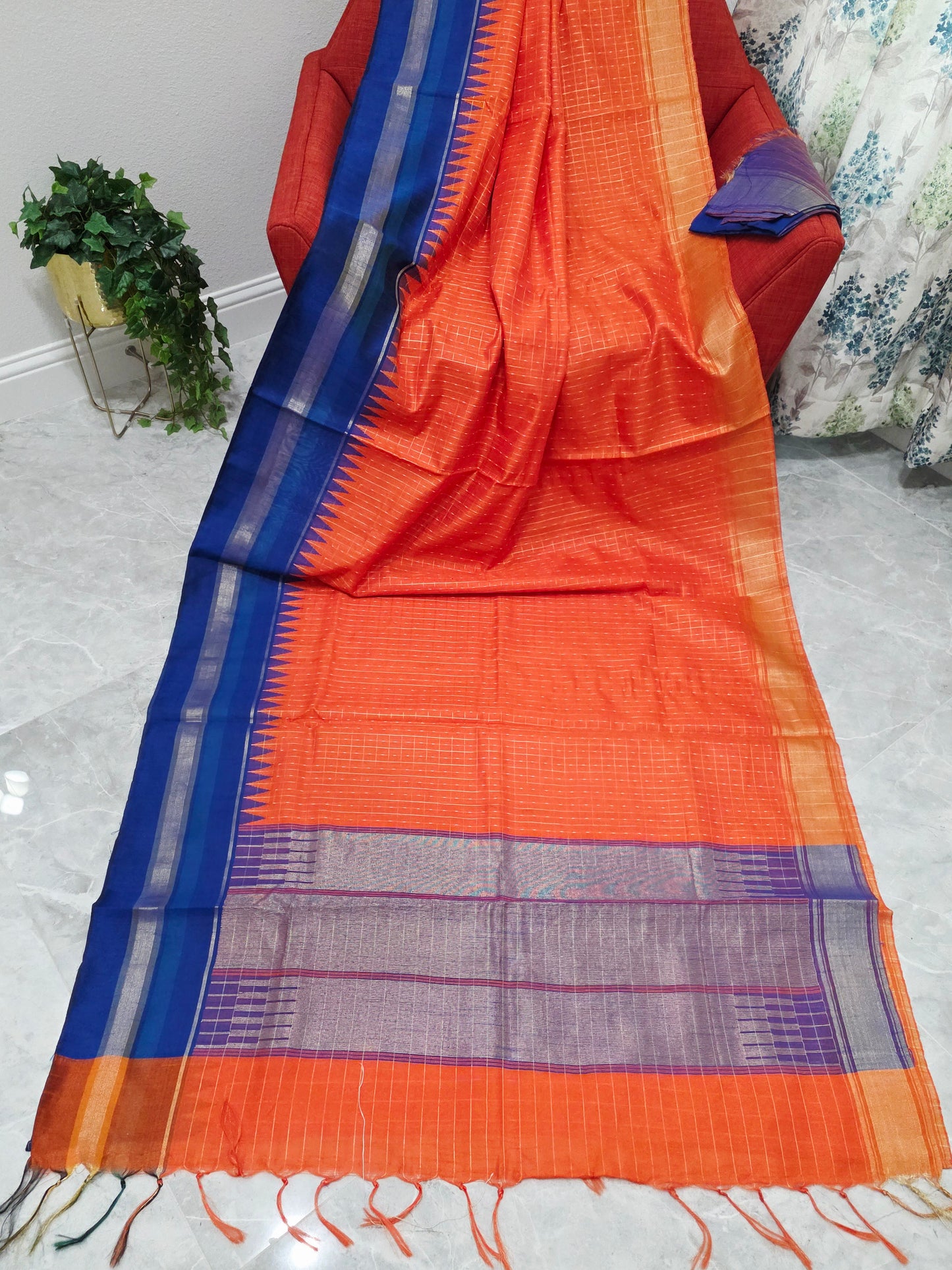 Semi Raw Silk Orange Saree & Royal Blue Contrast Temple Border – Stitched Blouse