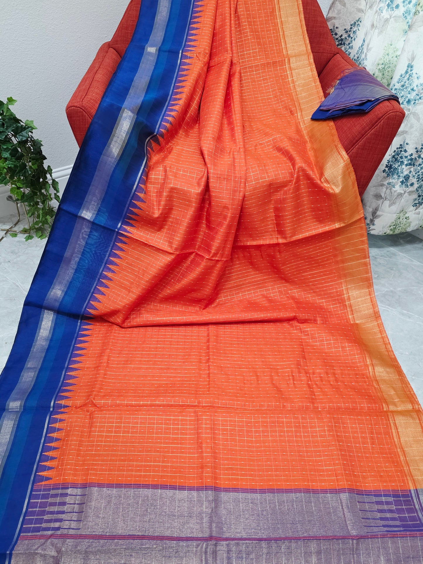 Semi Raw Silk Orange Saree & Royal Blue Contrast Temple Border – Stitched Blouse