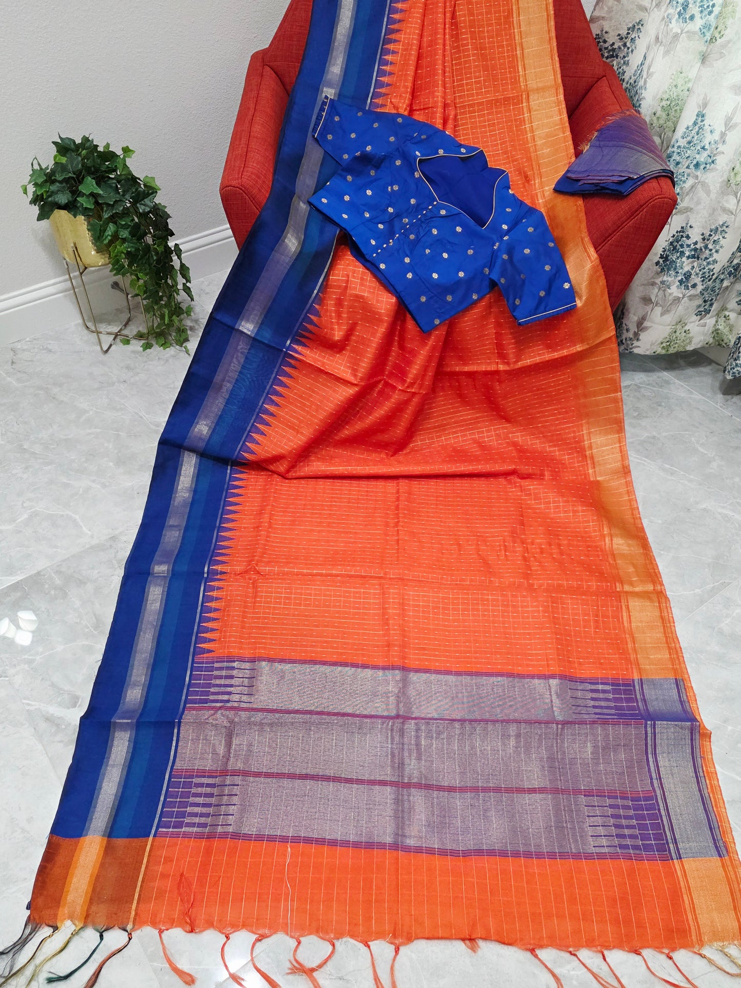 Semi Raw Silk Orange Saree & Royal Blue Contrast Temple Border – Stitched Blouse