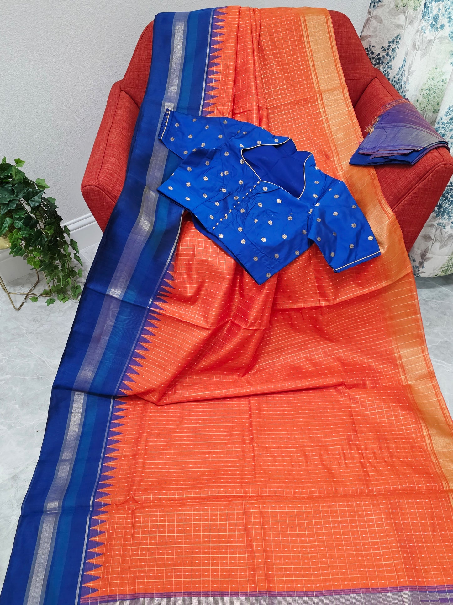 Semi Raw Silk Orange Saree & Royal Blue Contrast Temple Border – Stitched Blouse