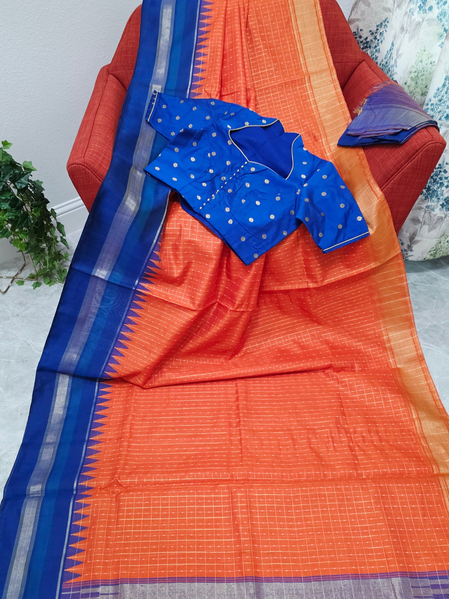 Semi Raw Silk Orange Saree & Royal Blue Contrast Temple Border – Stitched Blouse