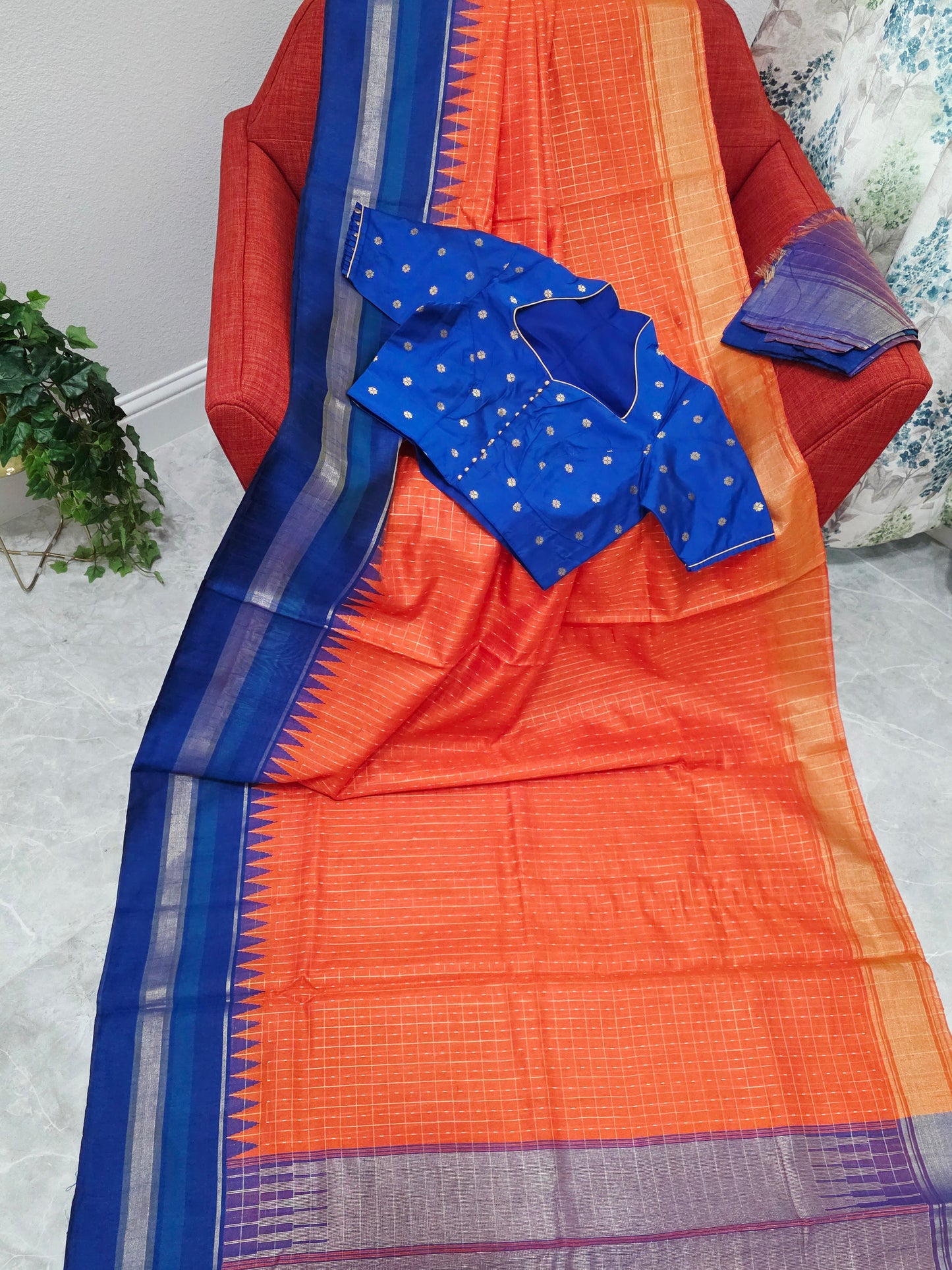 Semi Raw Silk Orange Saree & Royal Blue Contrast Temple Border – Stitched Blouse