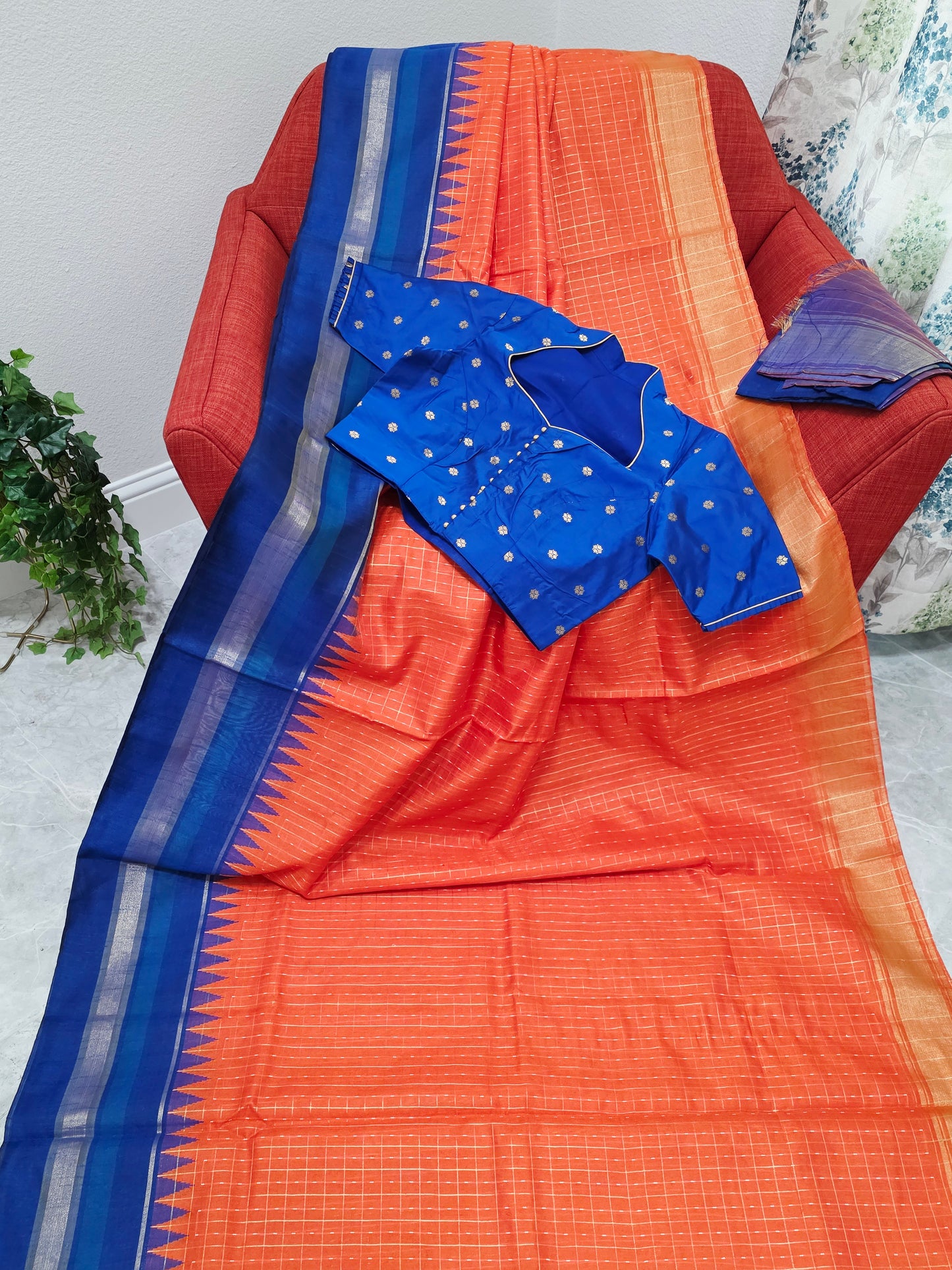 Semi Raw Silk Orange Saree & Royal Blue Contrast Temple Border – Stitched Blouse