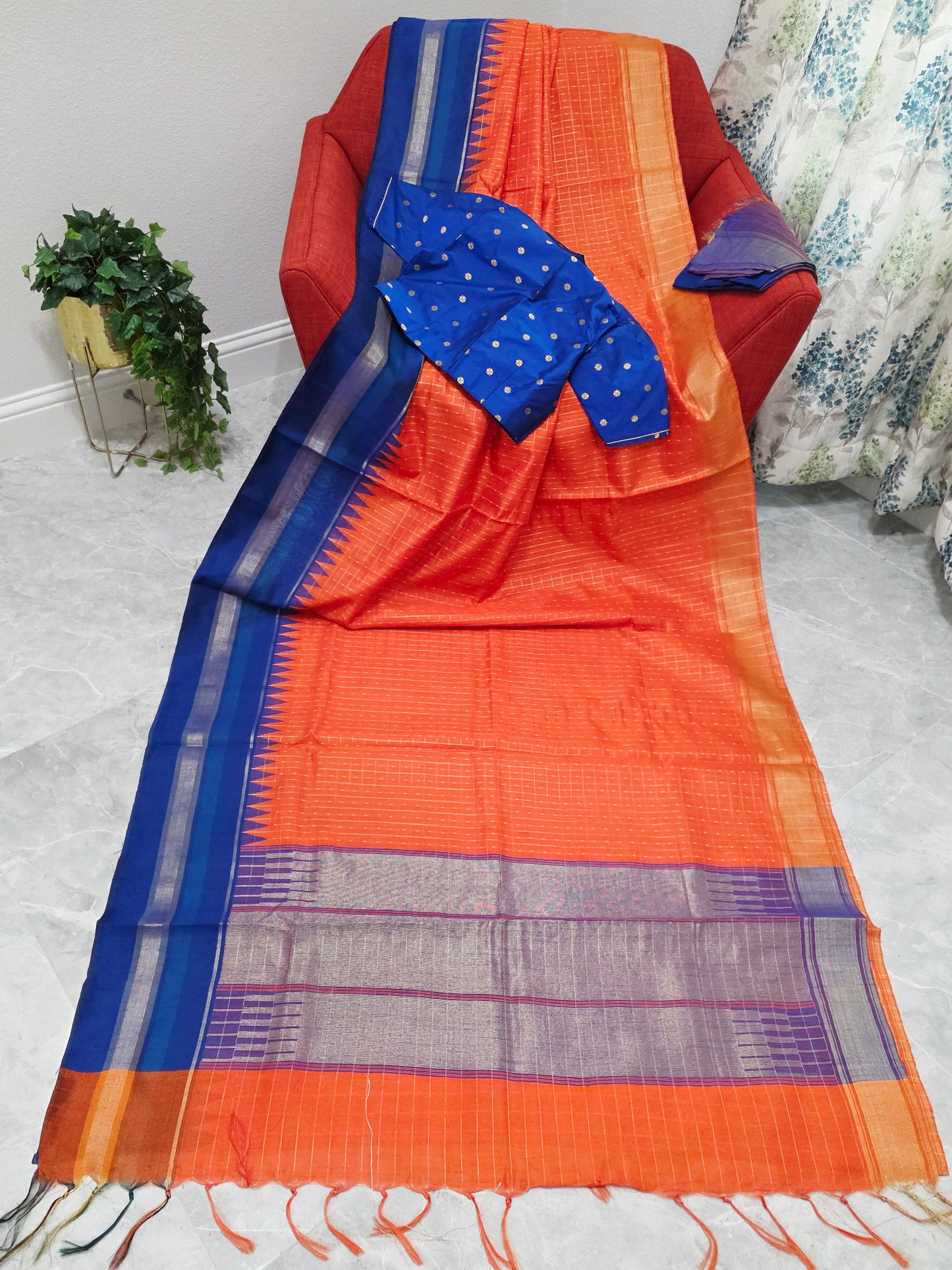 Semi Raw Silk Orange Saree & Royal Blue Contrast Temple Border – Stitched Blouse