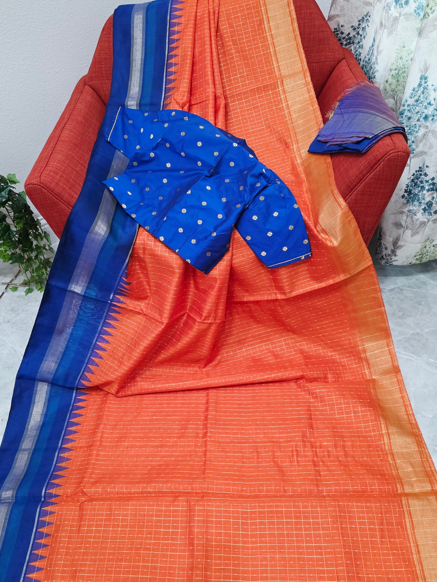 Semi Raw Silk Orange Saree & Royal Blue Contrast Temple Border – Stitched Blouse