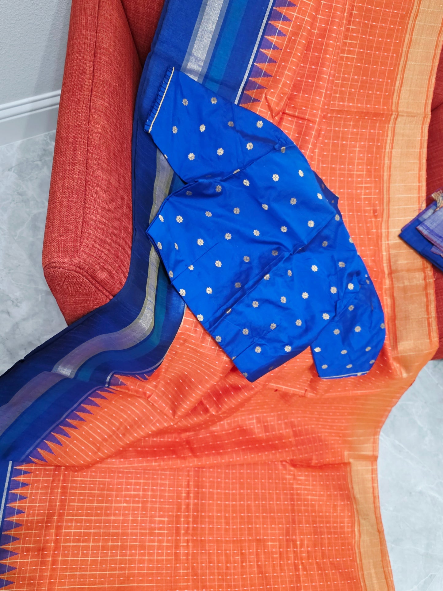Semi Raw Silk Orange Saree & Royal Blue Contrast Temple Border – Stitched Blouse