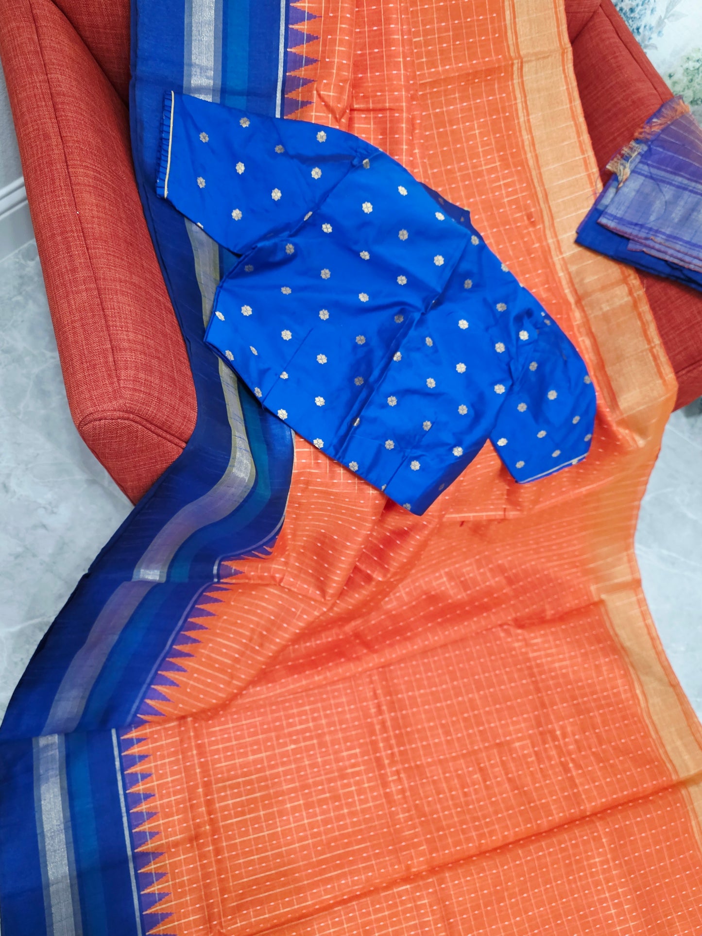 Semi Raw Silk Orange Saree & Royal Blue Contrast Temple Border – Stitched Blouse