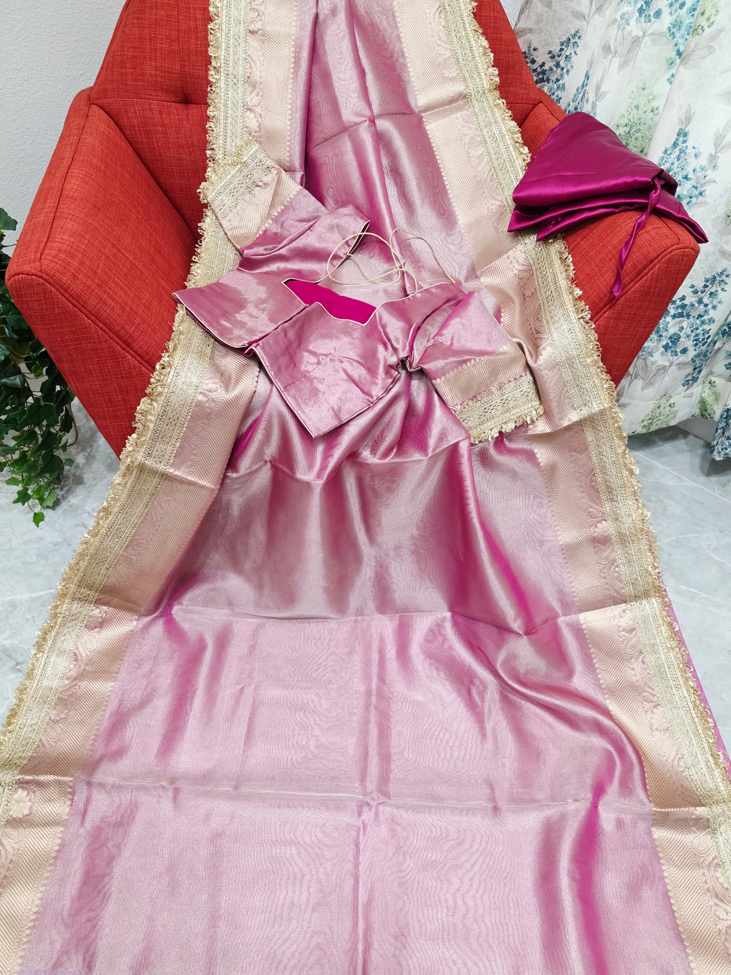 Maharani Style Blush Pink Semi Tissue Saree with Stitched Blouse & Satin Petticoat