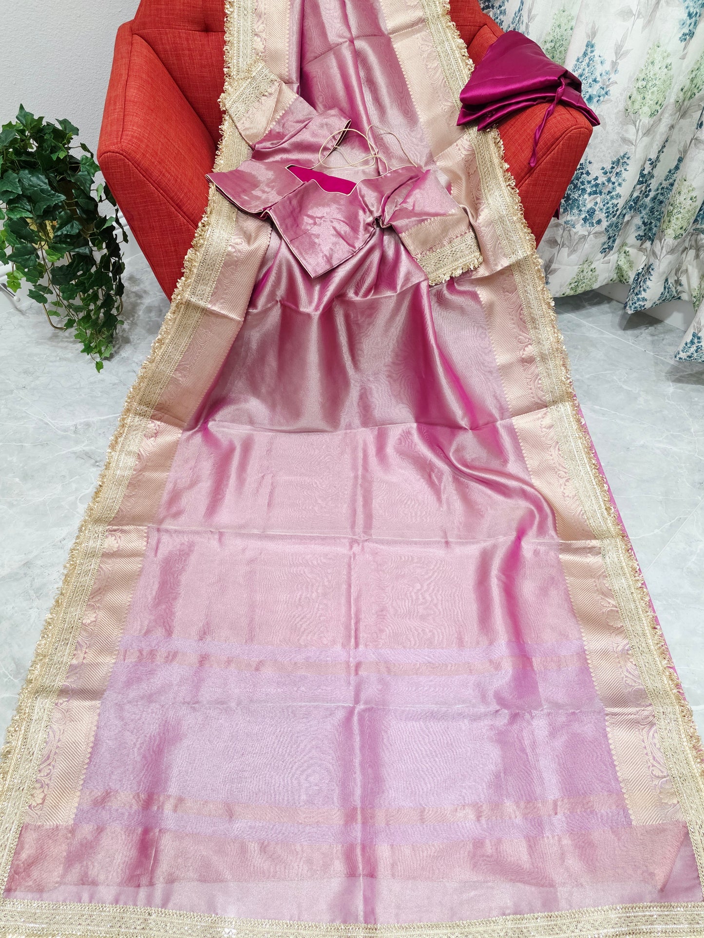 Maharani Style Blush Pink Semi Tissue Saree with Stitched Blouse & Satin Petticoat