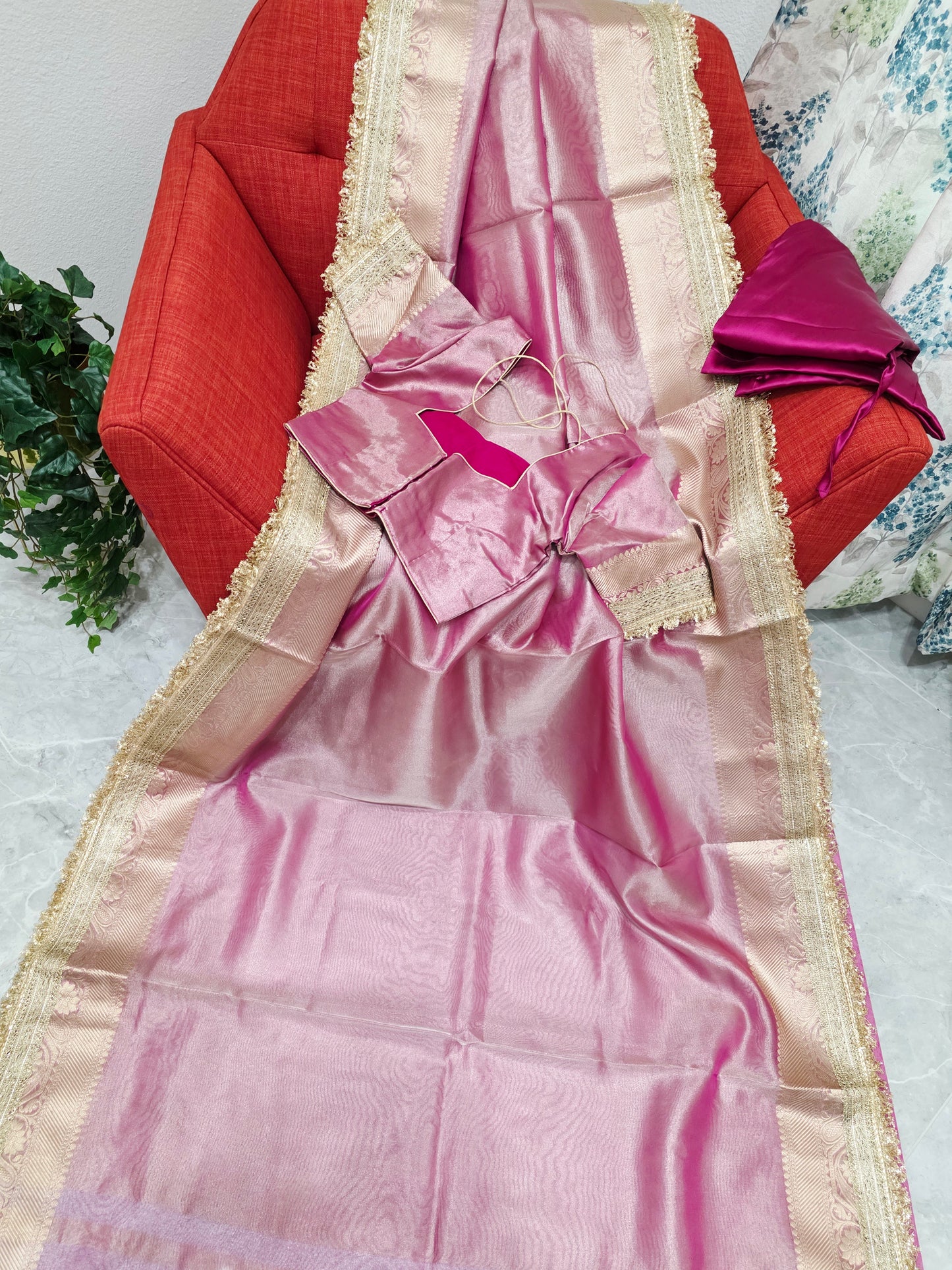 Maharani Style Blush Pink Semi Tissue Saree with Stitched Blouse & Satin Petticoat