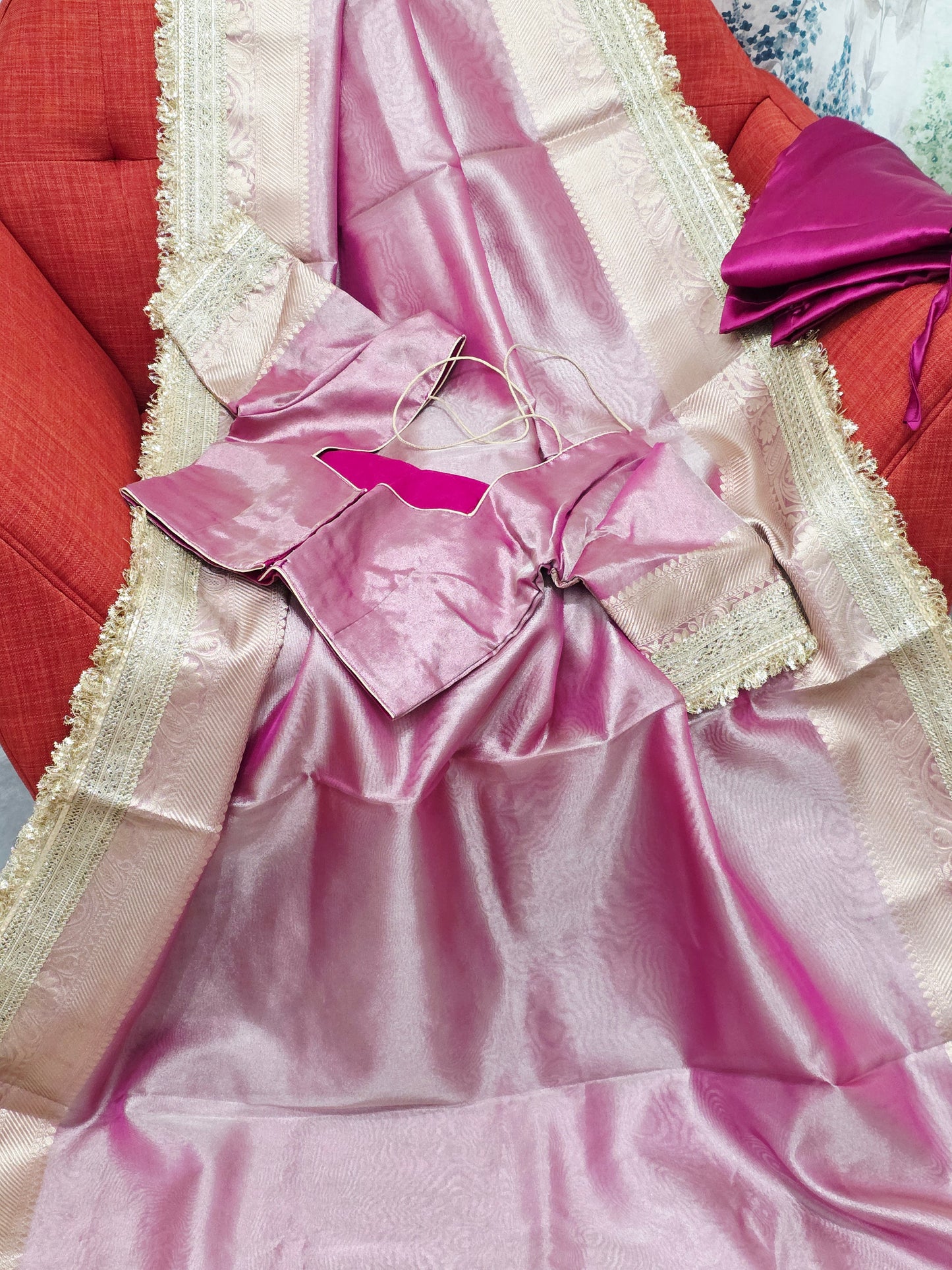 Maharani Style Blush Pink Semi Tissue Saree with Stitched Blouse & Satin Petticoat