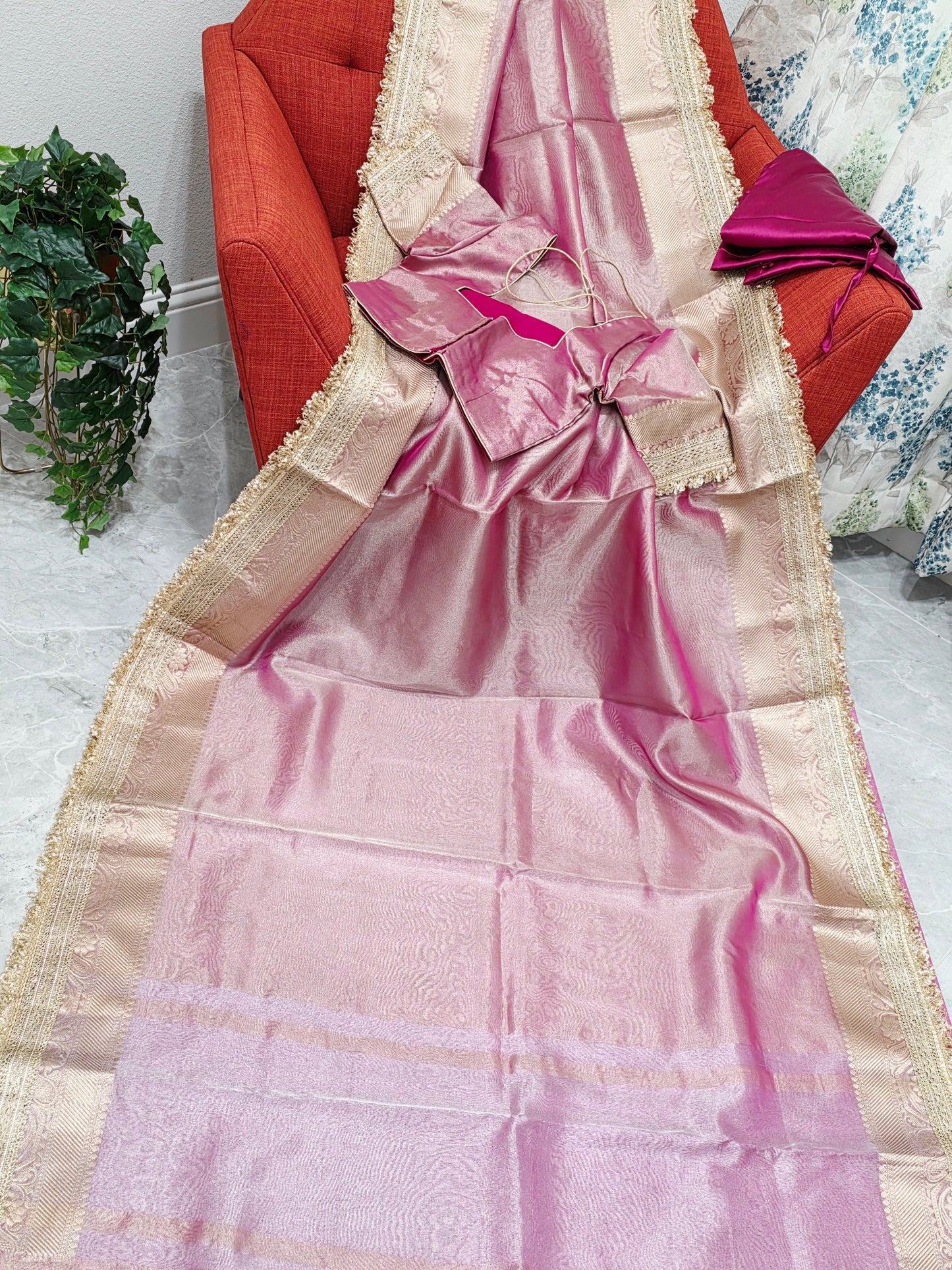 Maharani Style Blush Pink Semi Tissue Saree with Stitched Blouse & Satin Petticoat