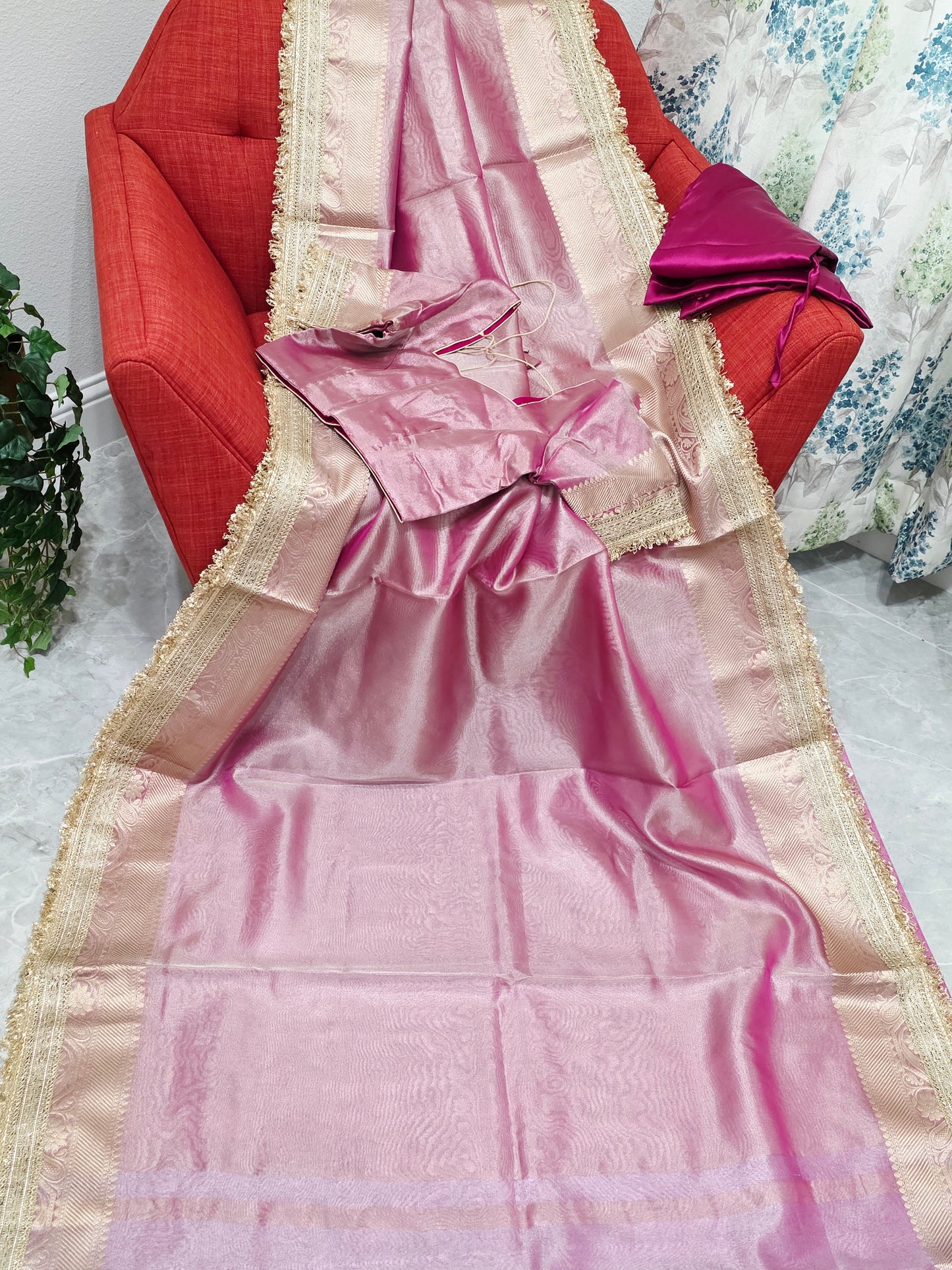 Maharani Style Blush Pink Semi Tissue Saree with Stitched Blouse & Satin Petticoat