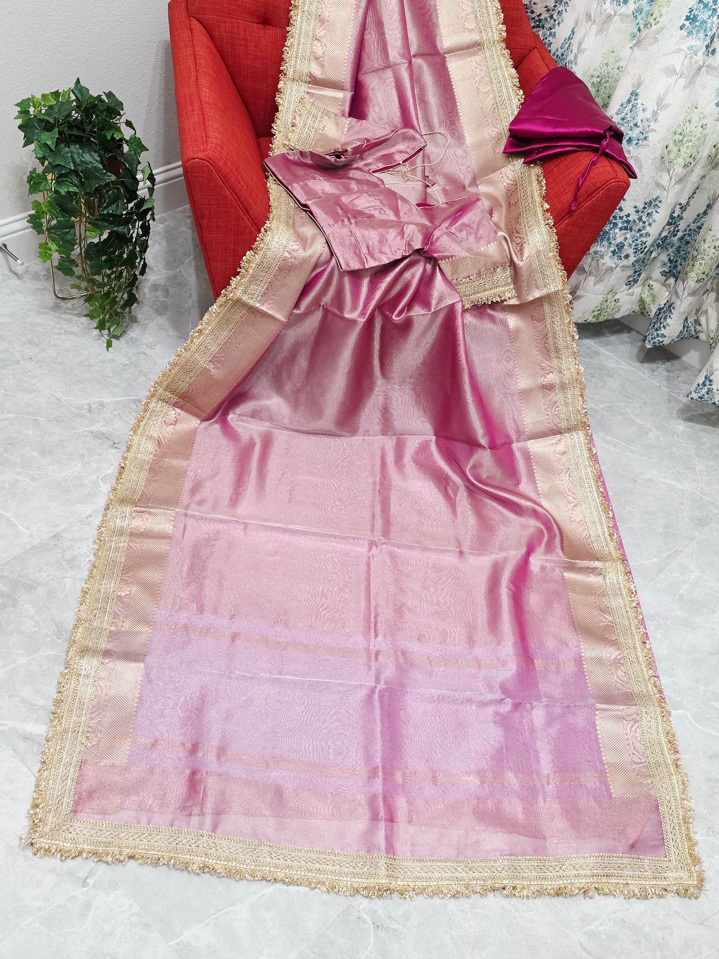 Maharani Style Blush Pink Semi Tissue Saree with Stitched Blouse & Satin Petticoat