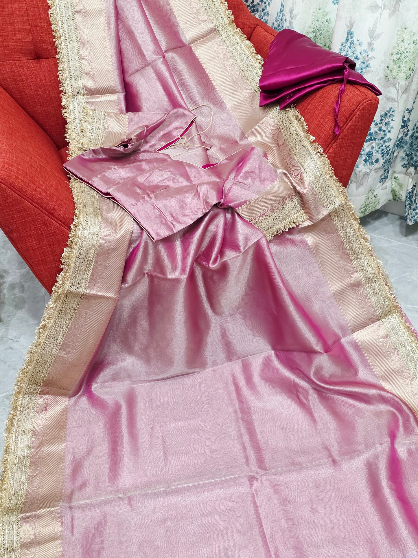 Maharani Style Blush Pink Semi Tissue Saree with Stitched Blouse & Satin Petticoat