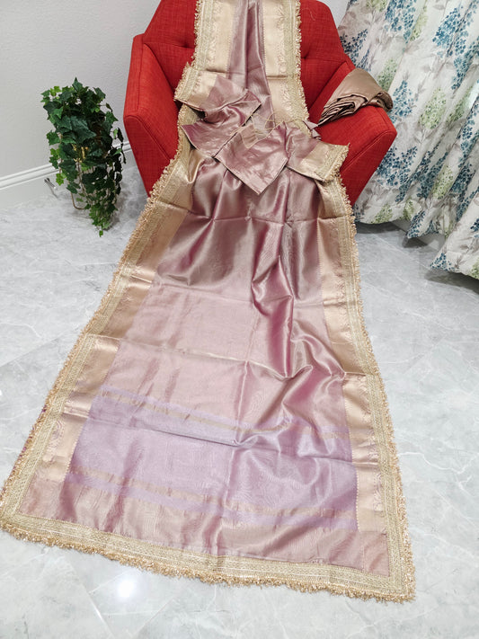 Maharani Style Dusty Rose Pink Semi Tissue Saree with Stitched Blouse & Satin Petticoat