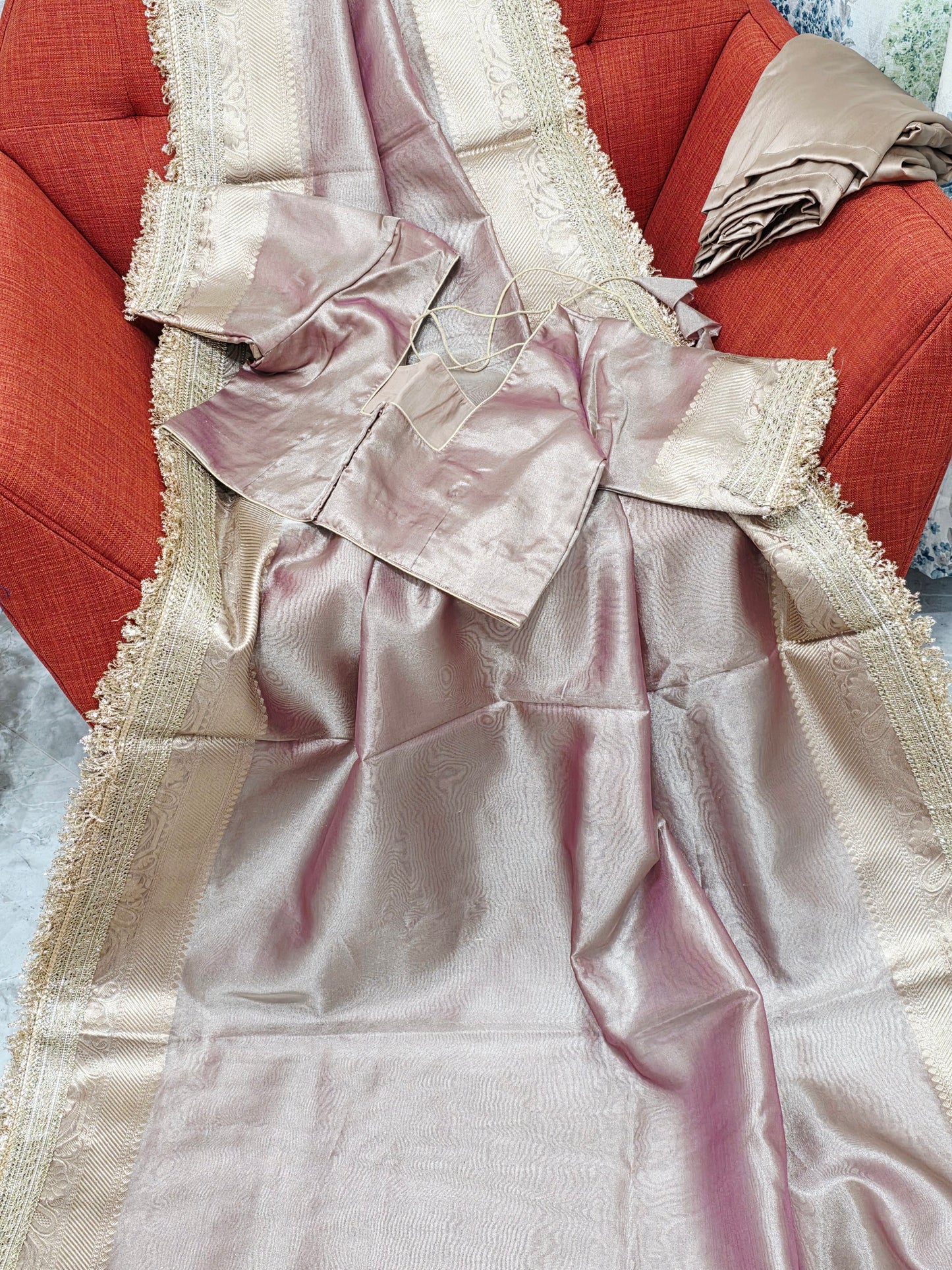 Maharani Style Dusty Rose Pink Semi Tissue Saree with Stitched Blouse & Satin Petticoat